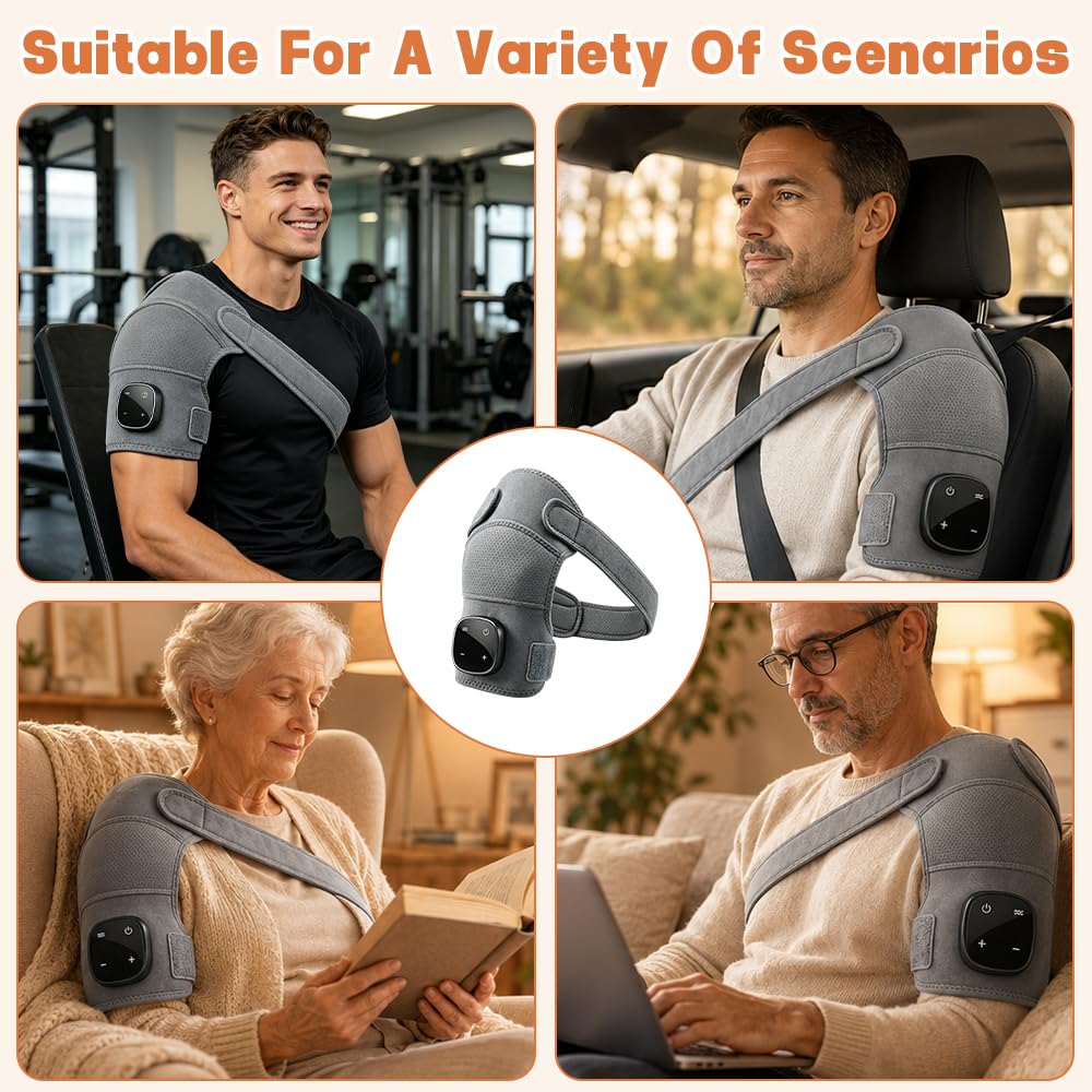Masseur d'Épaule Sans Fil 5 Niveaux de Chauffage 3 Modes de Vibration Écran Tactile Design Ajustable Portable Gris