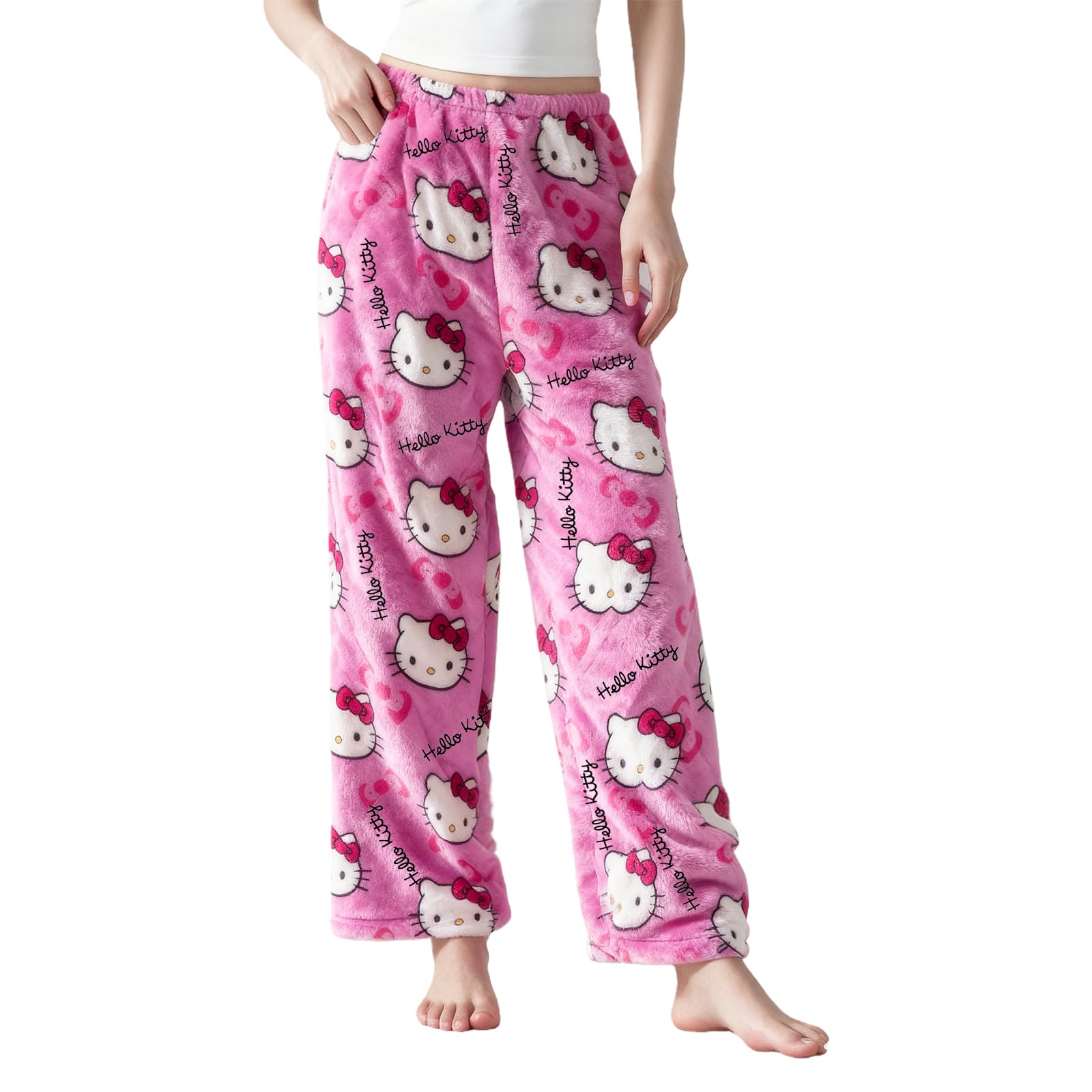 Gsnoniwi Damen Flanell Schlafhose Lange Pyjama Hose | Weicher Anime Karikatur Stoff | Bequeme Kawaii Hausbekleidung für Erwachsene | Rosa Katzen Muster