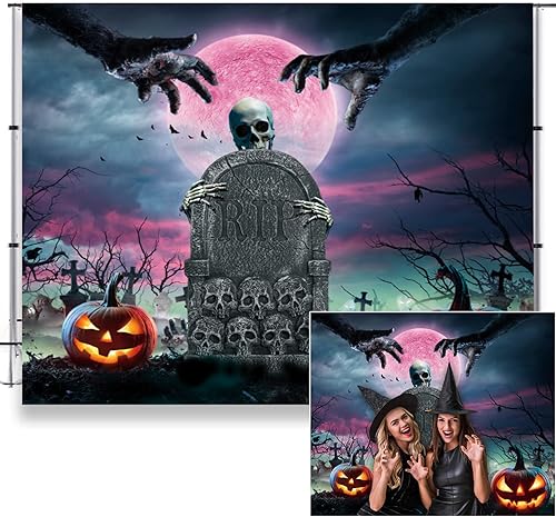 Telón de fondo de Halloween para decoración de fiestas, fantasma, espeluznante, calavera aterradora, telón de fondo para fotos, cementerio,