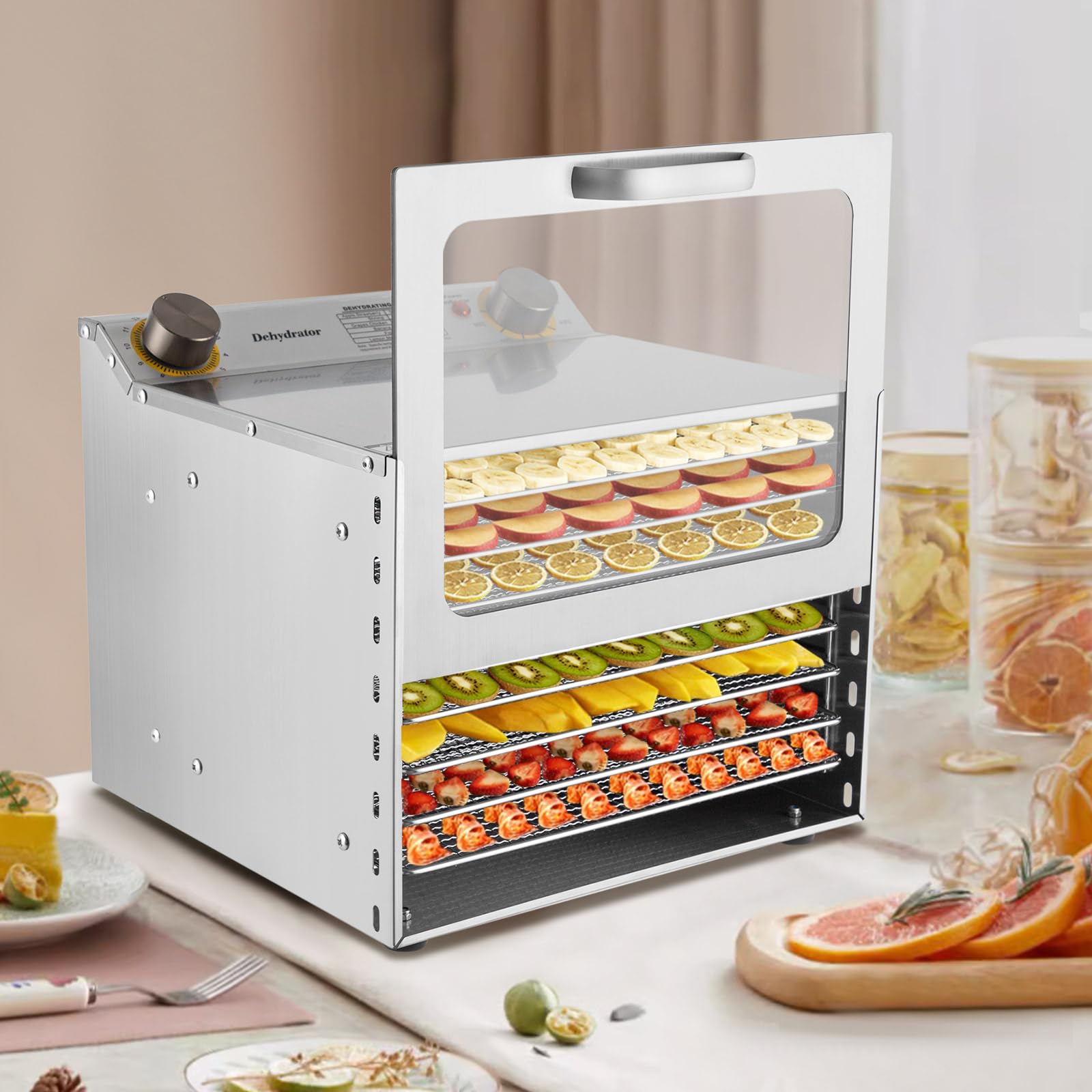 Suszarka ze stali nierdzewnej 400 W, urządzenie do suszenia z regulatorem temperatury 30-90℃ i regulatorem czasu 0-12 h, suszarka do warzyw, owoców, mięsa, kwiatów (8 poziomów)