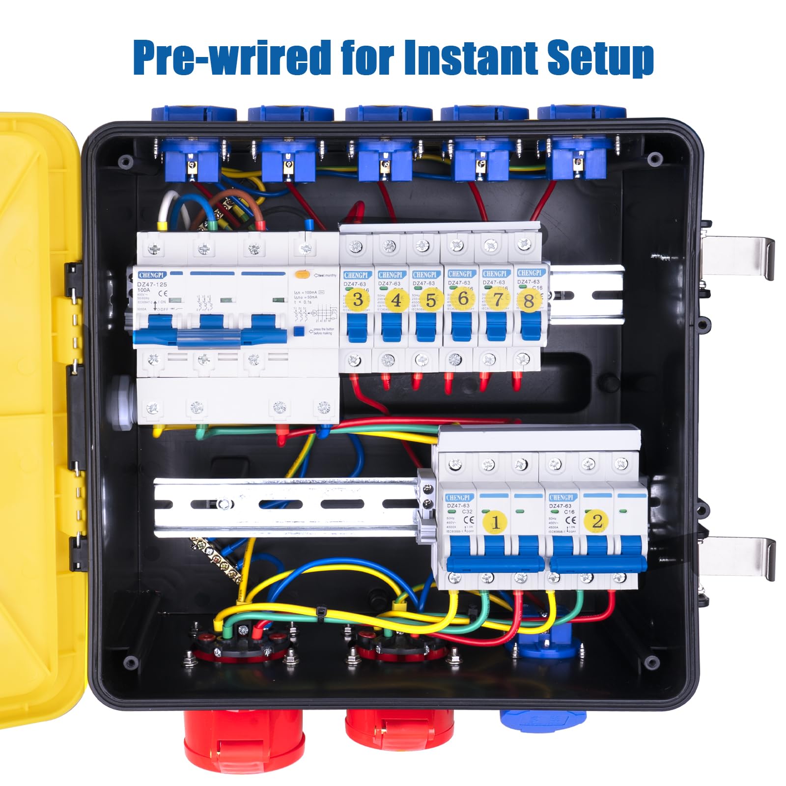Distribuidor de Corriente para construcción, 30 módulos con Interruptor de protección, IP54, Resistente al Agua, Caja de Enchufe portátil con IP54, 230 V/16 A, Enchufe Schuko, IP44