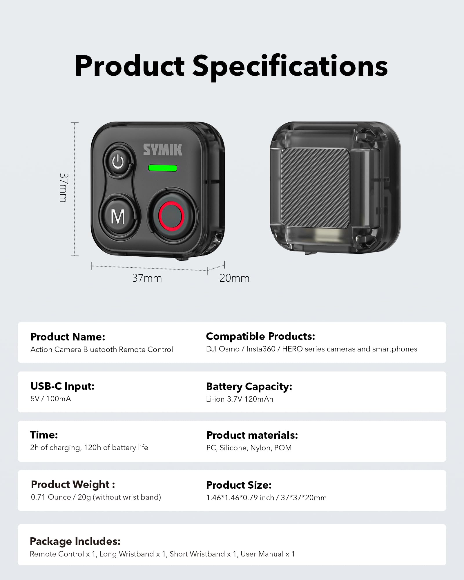 SYMIK Telecomando Universale per Insta360, GoPro, DJI, Smartphone | Controller Bluetooth per Scatto di Action Cam, Resistenza agli Schizzi, Portata 70m, Batteria 120h, Ricarica Type-C