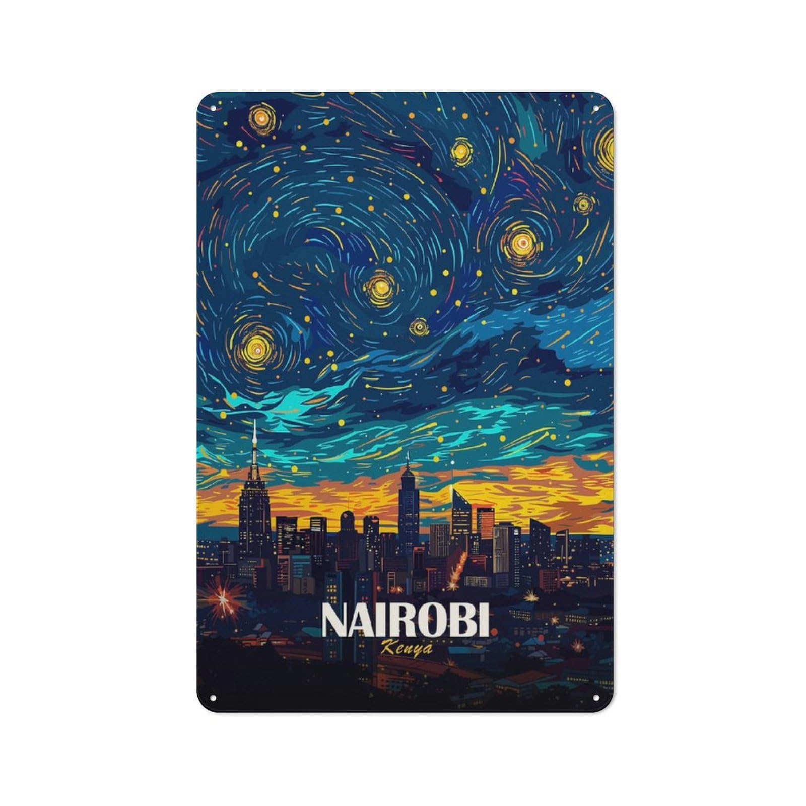 Junmoney Style-14 For Lounge Or Reading Corner, Nairobi Kenya Starry Night Art Vintage Metal Sign 30X20cm, For Collectors Decorating Lounges And Reading Corners