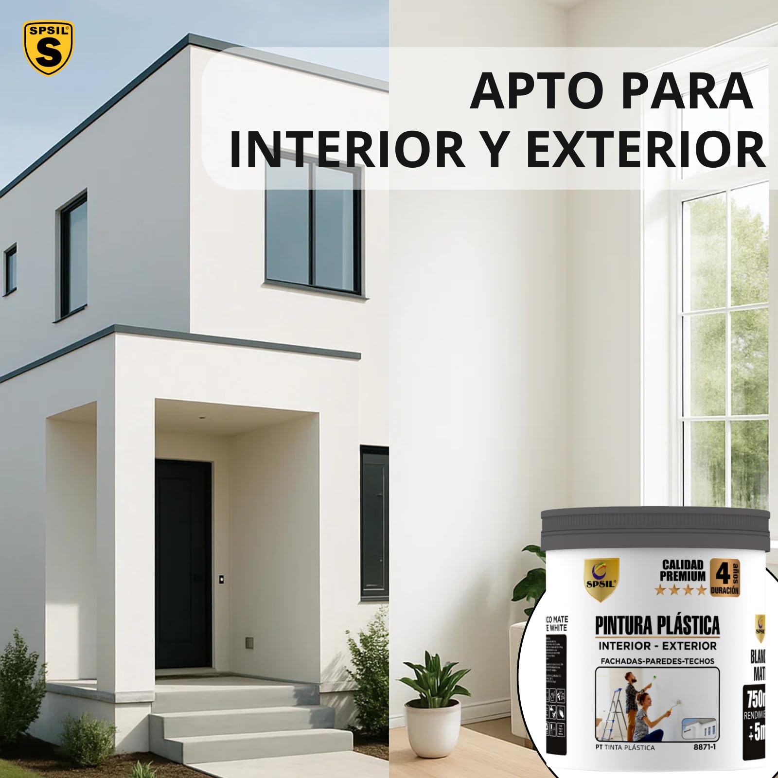 SPSIL Pintura Plática Interior - Exterior Blanco Mate PREMIUM - Resistente a la Intemperie - Para Paredes, Techos, Fachadas, Balcones - Transpirable, Secado Rápido (5 L/23 L) (23 L)