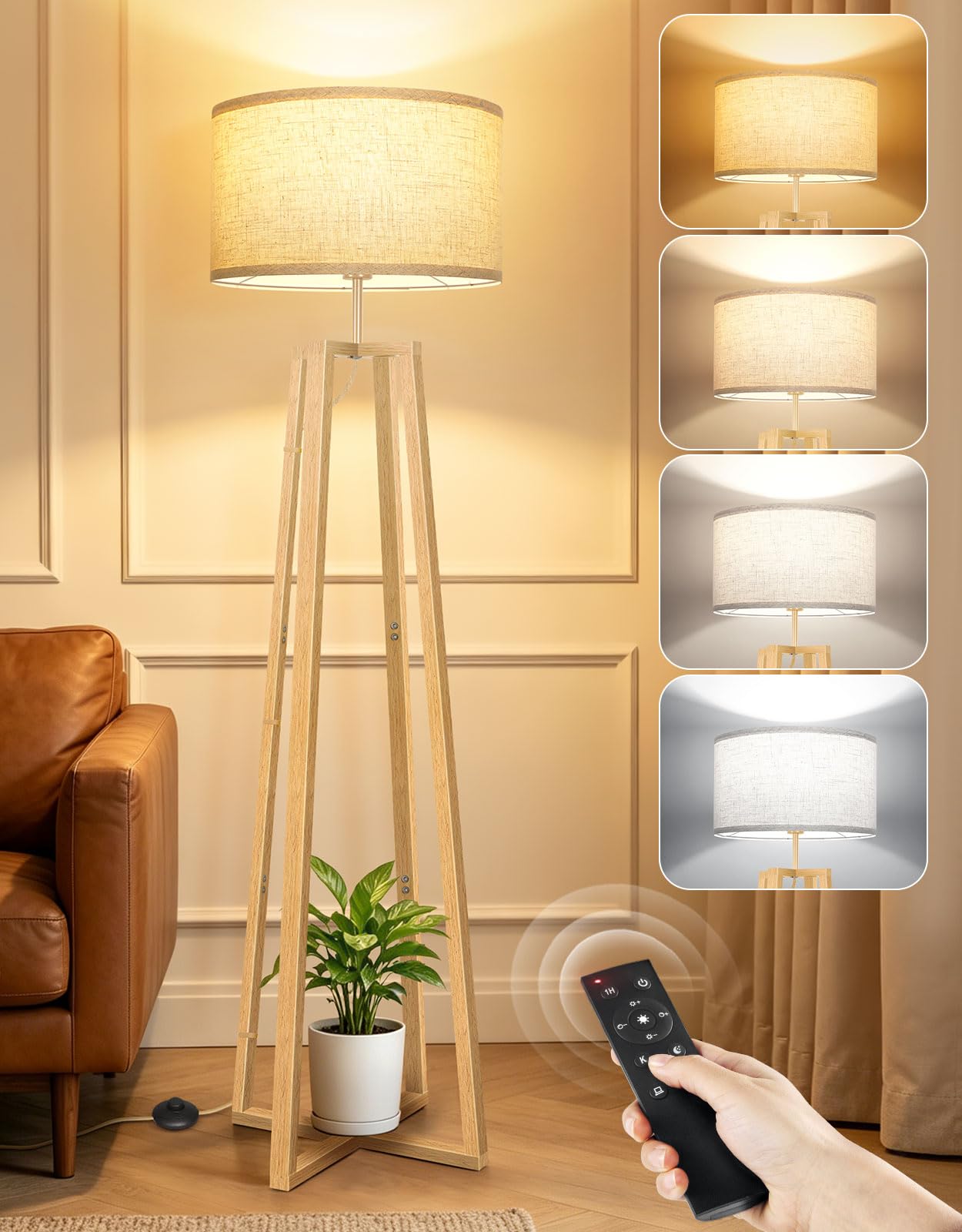 OUTON Floor Lamp with Crossed Square Wooden Base, Tripod Standing Lamp with Remote Control, Dimmable LED Floor Lamp, Mid Century Modern Standard Lamp for Living Room Bedroom Office, Wood