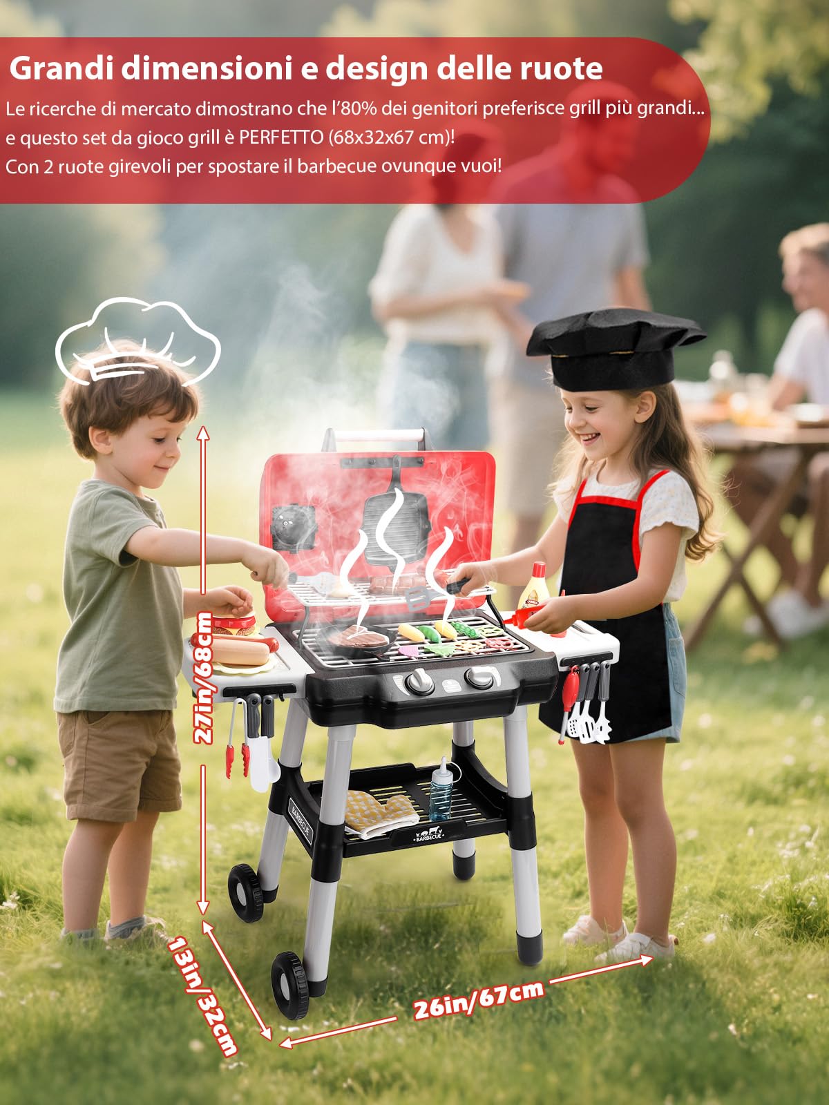 Grill da cucina per bambini con luci, suoni e fumo simulato completo di grembiule e cappello da chef compleanni giocattoli interattivi per piccoli chef