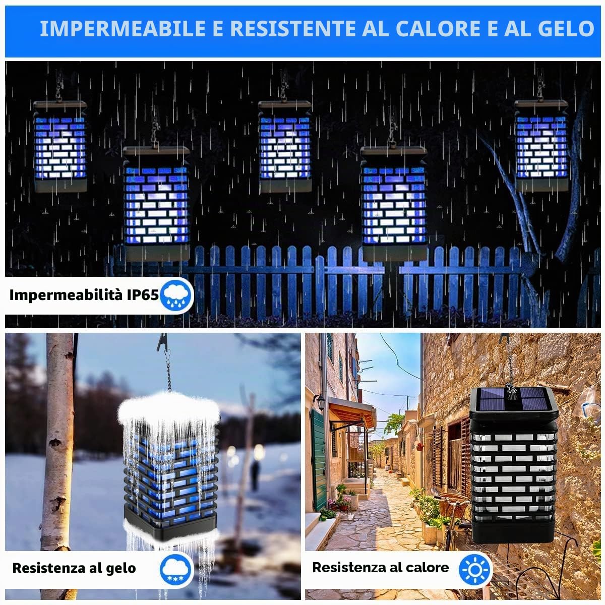 2 Pezzi Lanterna Solare da Esterno, Luci a Fiamma Solare, Lampada Solari da Appendere Impermeabile, Lanterne da Esterno per Patio, Giardino, Cortile (Blu)