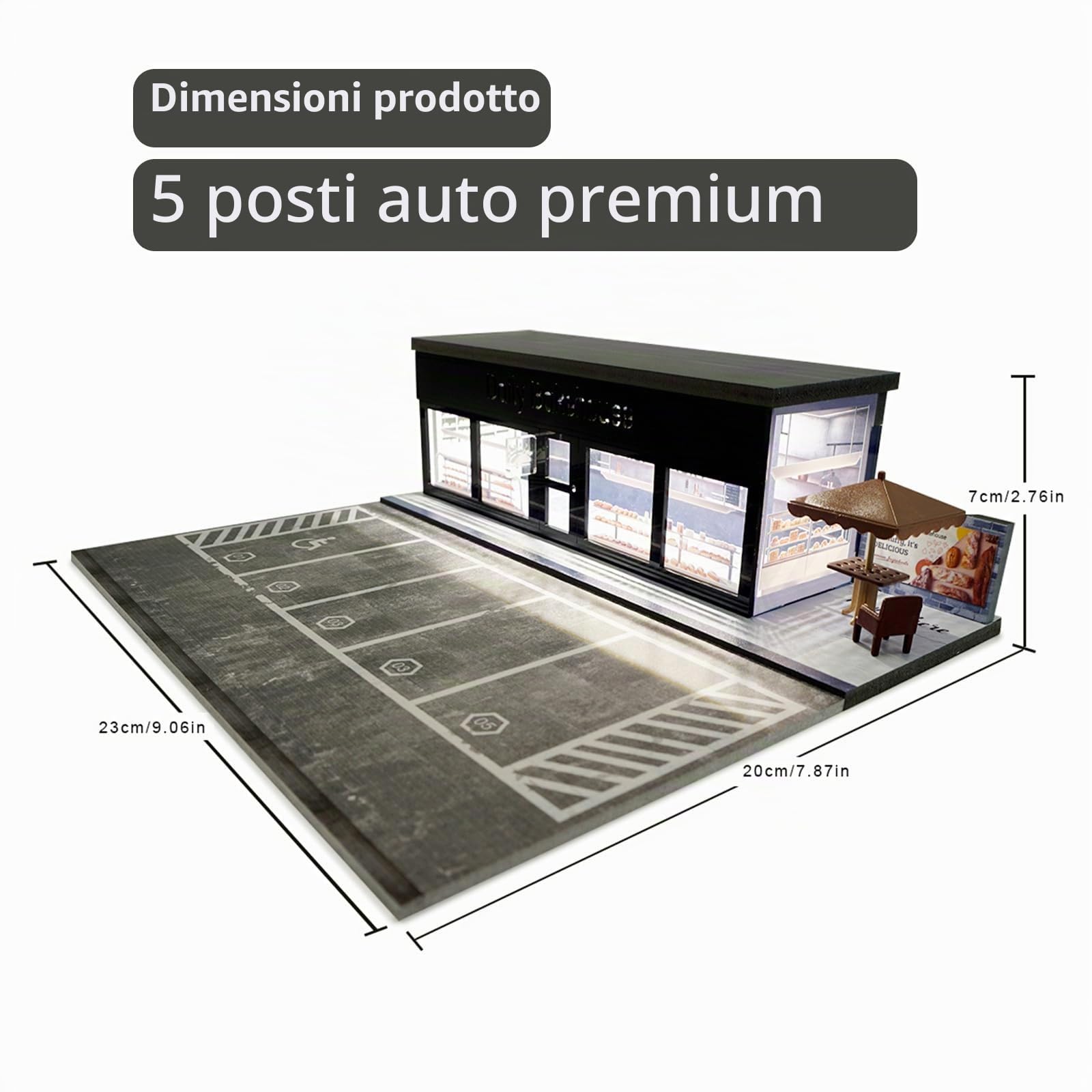 Diorama 1/64 Parcheggio, Garage Per Auto Giocattolo con Illuminazione LED, per 1/64 Scala Diecast Modello Auto, Scena Display, 5 Posti Auto All'aperto (Daily Bakehouse)