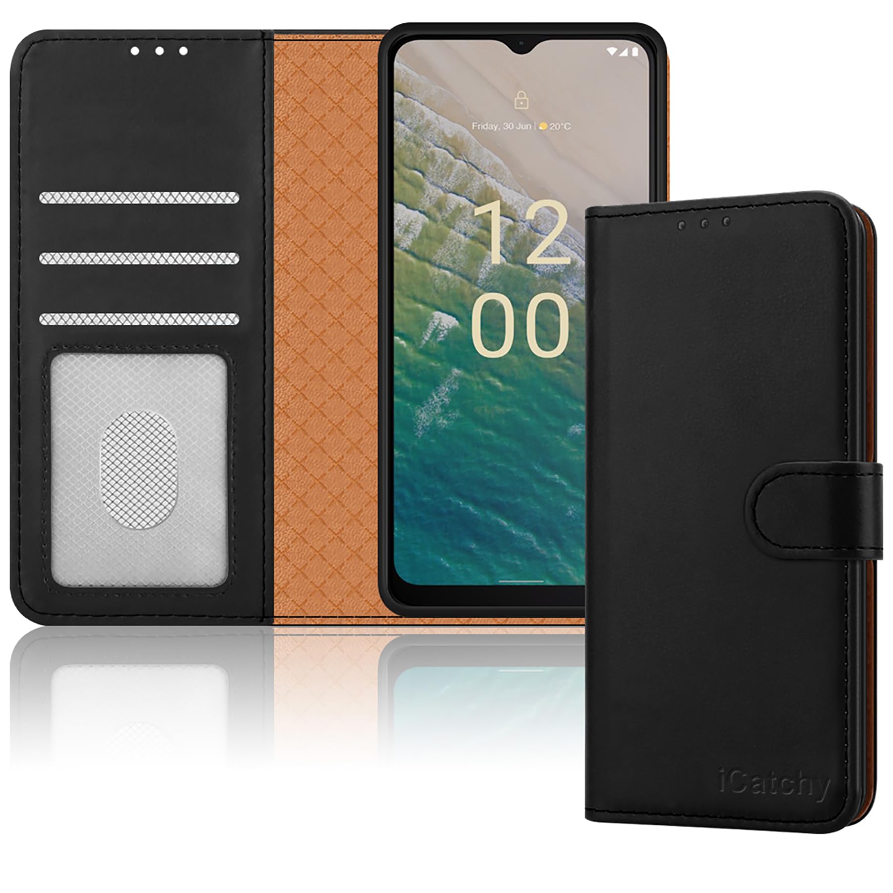 iCatchy for Nokia C32 Case Leather Wallet Book Flip Folio Stand View Magnetic Protect RFID Blocking Cover compatible with Nokia C32 4G (Black)