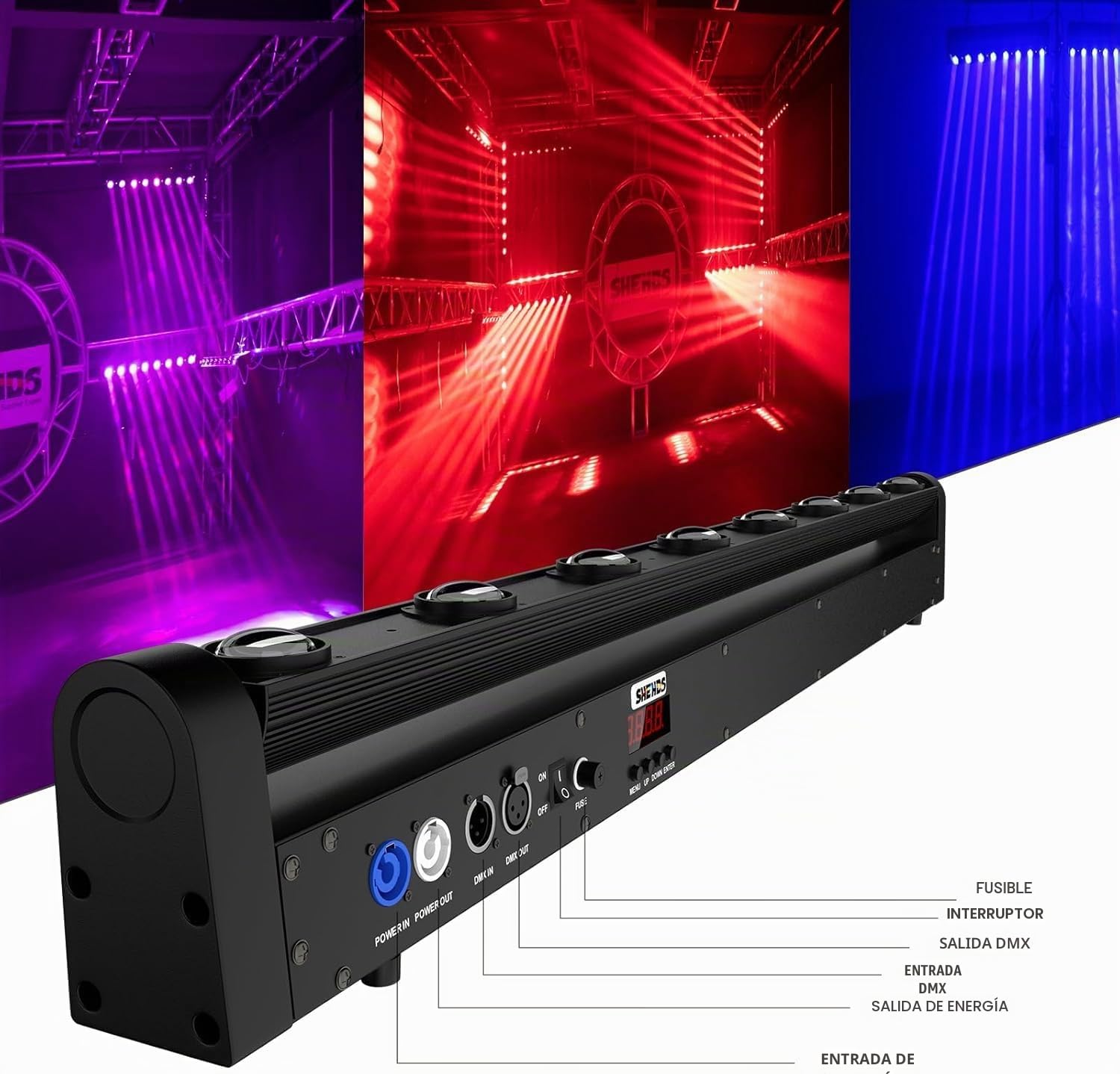 SHEHDS RGBW 4 en 1 tira de luz LED con cabezal móvil 8 x 12 W, haz de luz y efecto reflectante, ángulo de lente 8°, inclinación 180°, tira de luz DMX y control de sonido