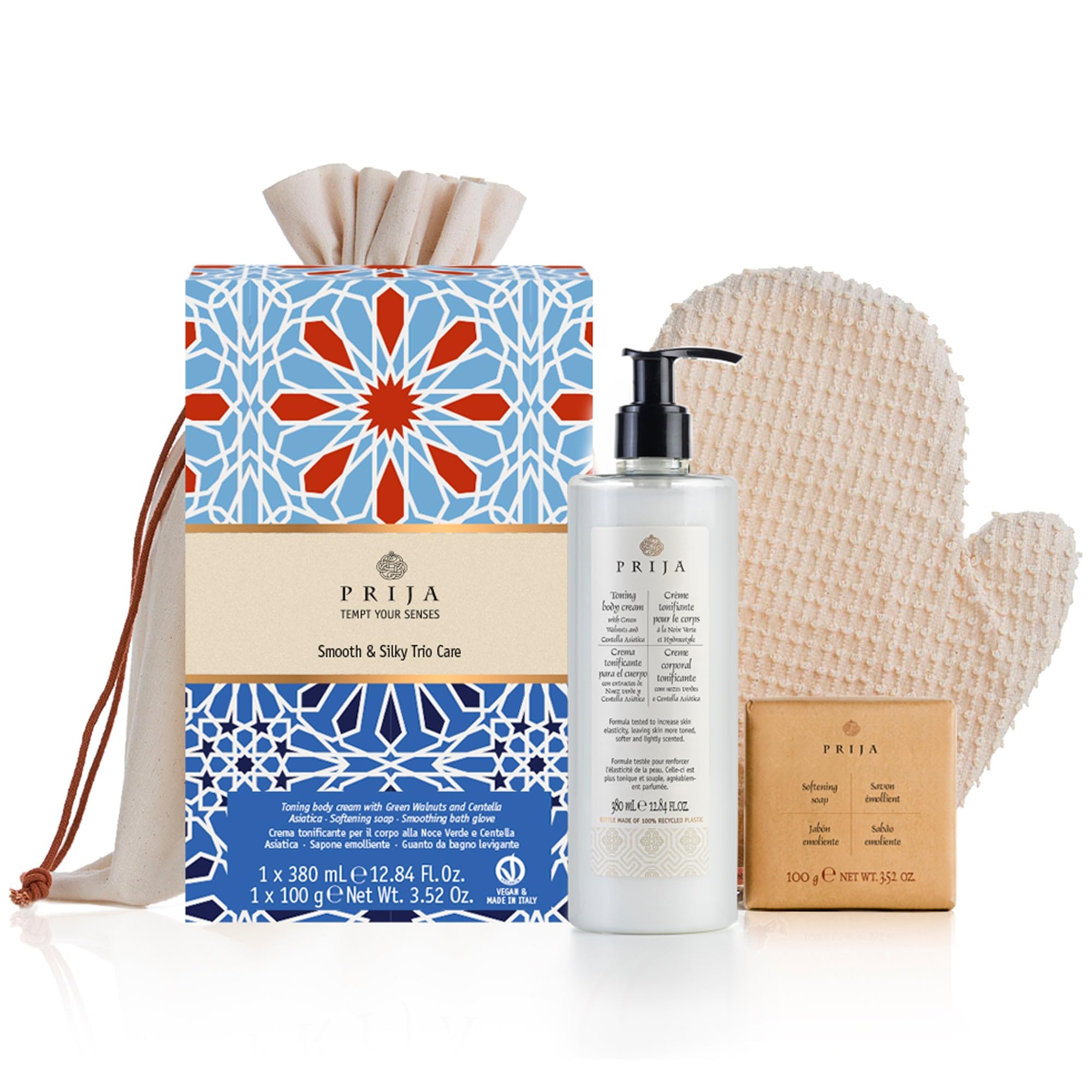 Prija Body Toning Gift Pack with Toning Body Cream 380ml, Softening Soap 100g and Smoothing Cotton Bath Glove