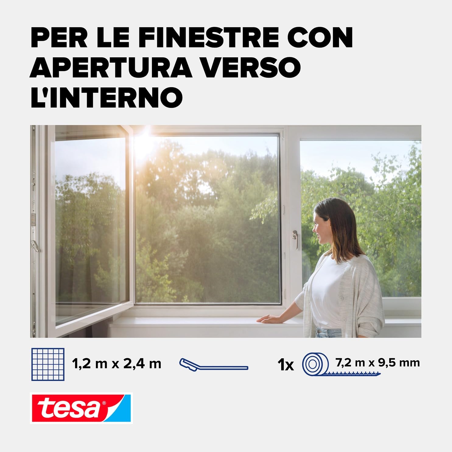 Tesa Zanzariera antipolline - Protezione trasparente per chi soffre di allergie - Per finestre con apertura verso l'interno - Biadesivo attacca stacca - antracite - 120 cm x 240 cm