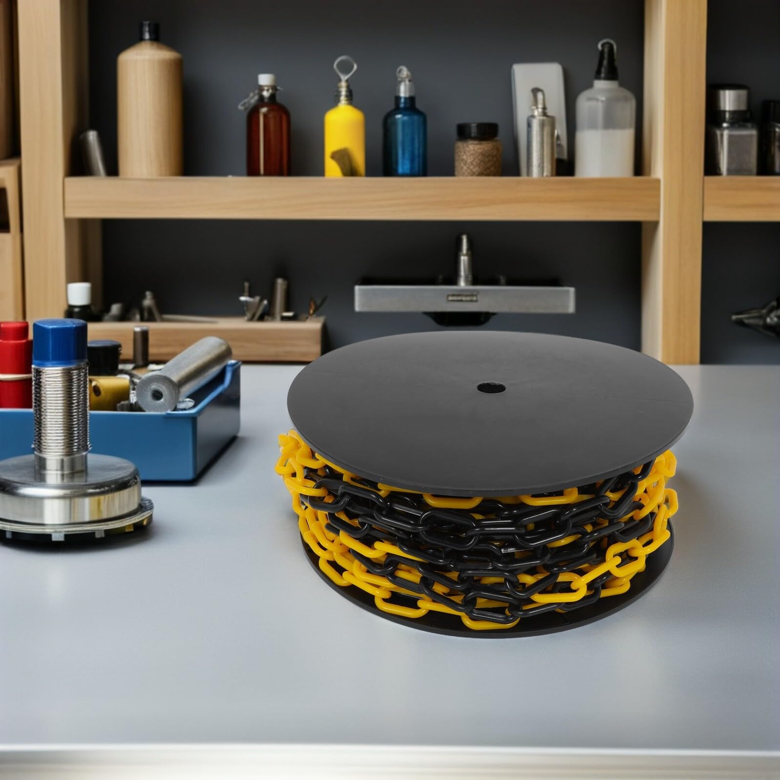 Cadena de barrera de seguridad de plástico amarillo y negro resistente a la intemperie, 6 mm de grosor, para señalización de control de multitudes y soluciones de valla segura
