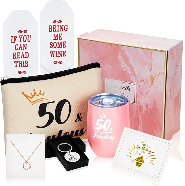 7 Pieces 50th Birthday Gifts for Women Wine Tumbler for Wife Birthday Gift Box 50th Gift Bag Stainless Steel Tumbler with Socks Necklace Keychain Card for Grandma Mum Friend Sister Wife Coworker