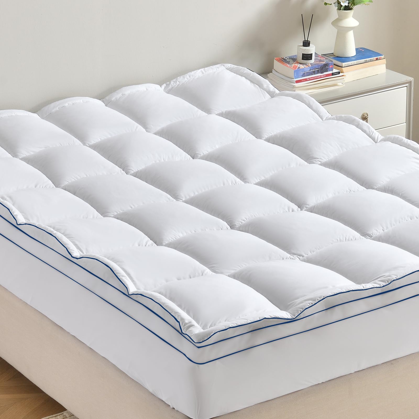 Cosmoluxe Cubrecolchón King (80 x 78 pulgadas), funda de colchón de 2 pulgadas para dolor de espalda, almohadilla de colchón alternativa de plumón con bolsillo elástico de 15 pulgadas de profundidad,