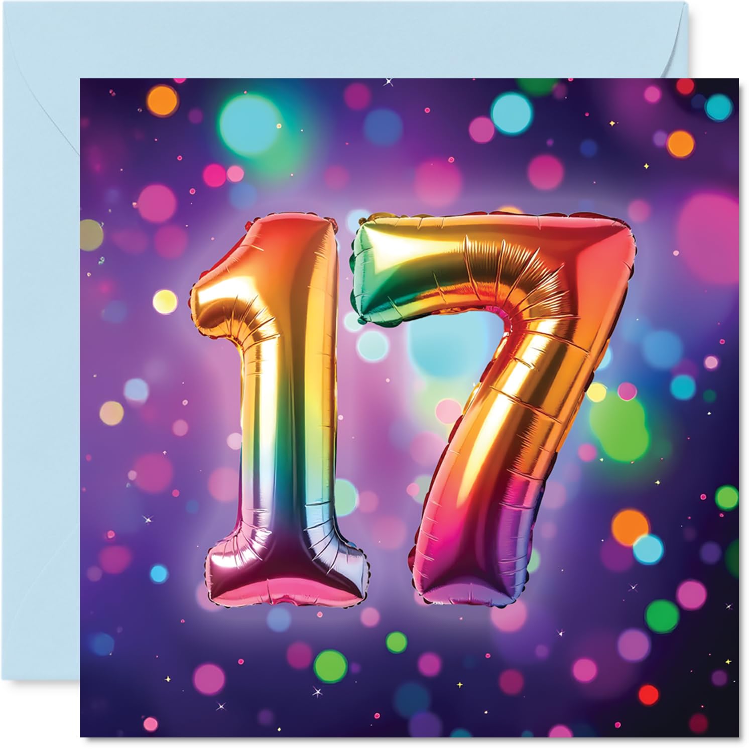 17th Birthday Cards for Girls and Boys, Rainbow Foil Balloon
