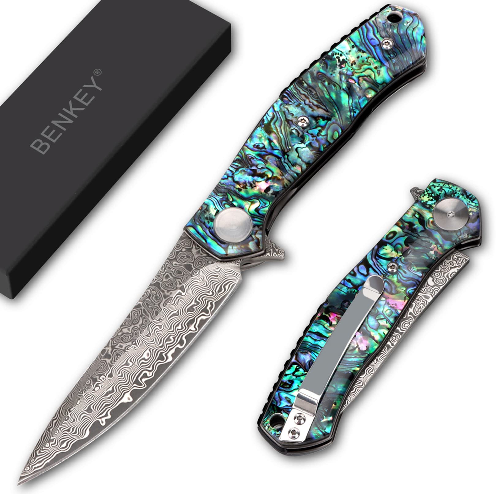 Benkey Damascus Steel Folding Pocket Knife with Clip, Sharp EDC Damascus Hunting Knife with Liner Lock and Abalone Seashells Handle for Outdoor Survival Camping Collection