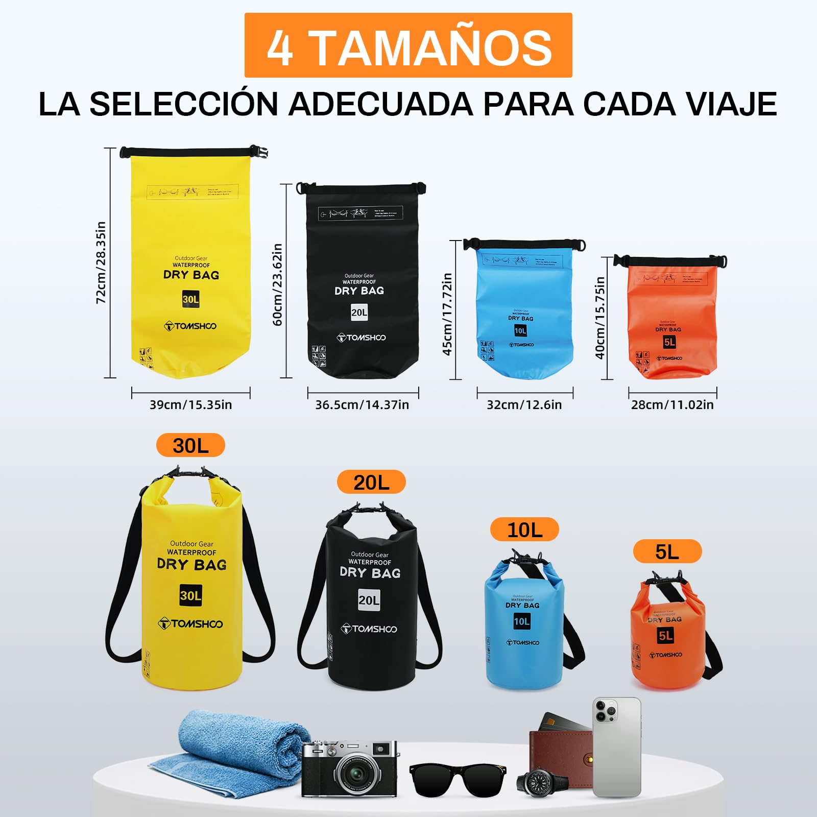 TOMSHOO Dry Bag - Juego de 4 bolsas impermeables de 5 l, 10 l, 20 y 30 l, impermeable, con tapa enrollable y correa para el hombro, tamaño versátil para kayak, barco, SUP, playa, camping