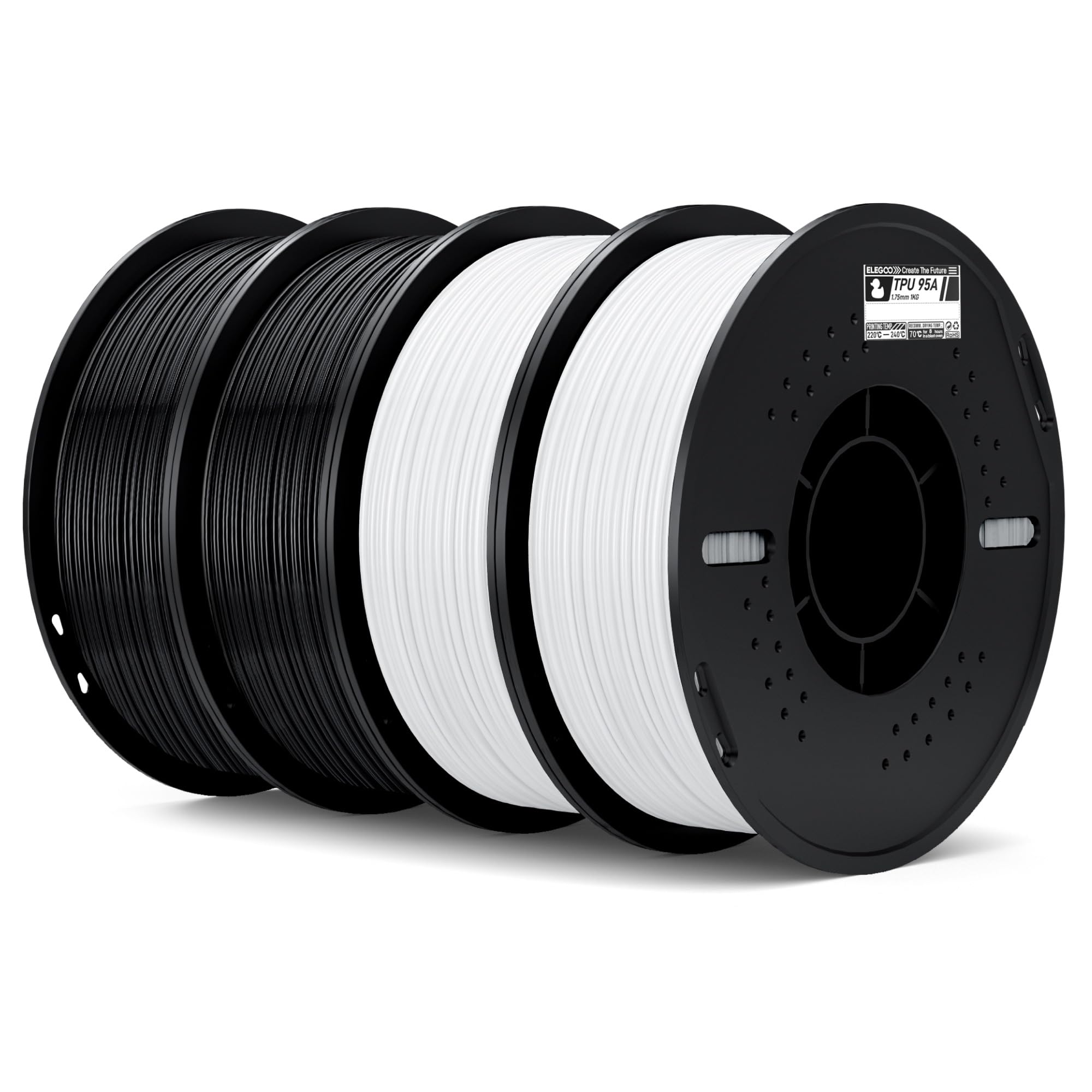 ELEGOO TPU 95A Filamento per Stampanti 3D 1,75 mm Nero Bianco 4KG, TPU Filamento Flessibile Morbido per Stampa 3D, Bobina da 1kg Compatibile con la Maggior Parte delle Stampanti 3D FDM