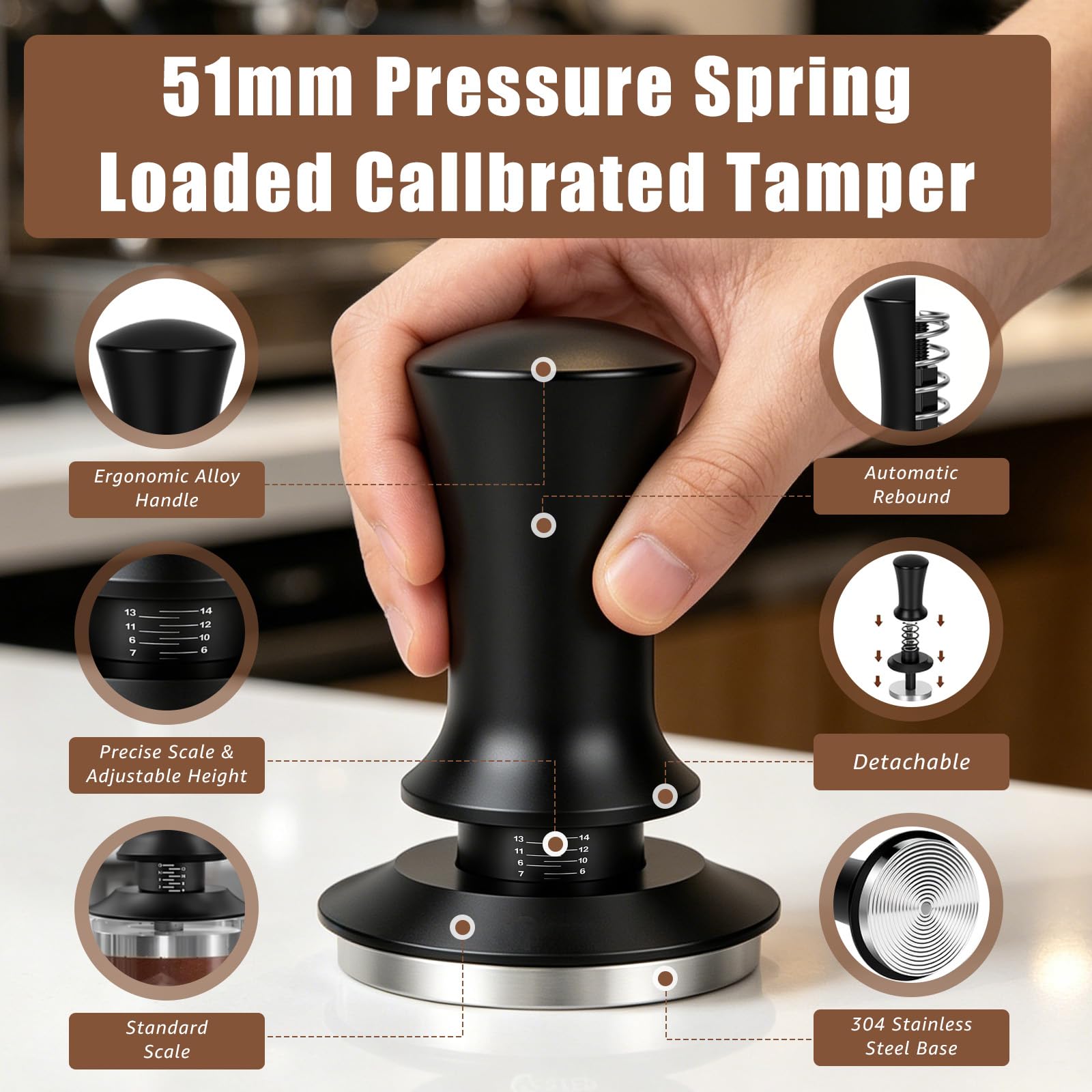 Set Accessori Espresso 8 Pezzi, Pressino 51 mm con Stazione Pressino, Livellatore, Strumento WDT, Anello Dosatore, Spazzola, Puck Screen, Frustino – per Macchine Espresso