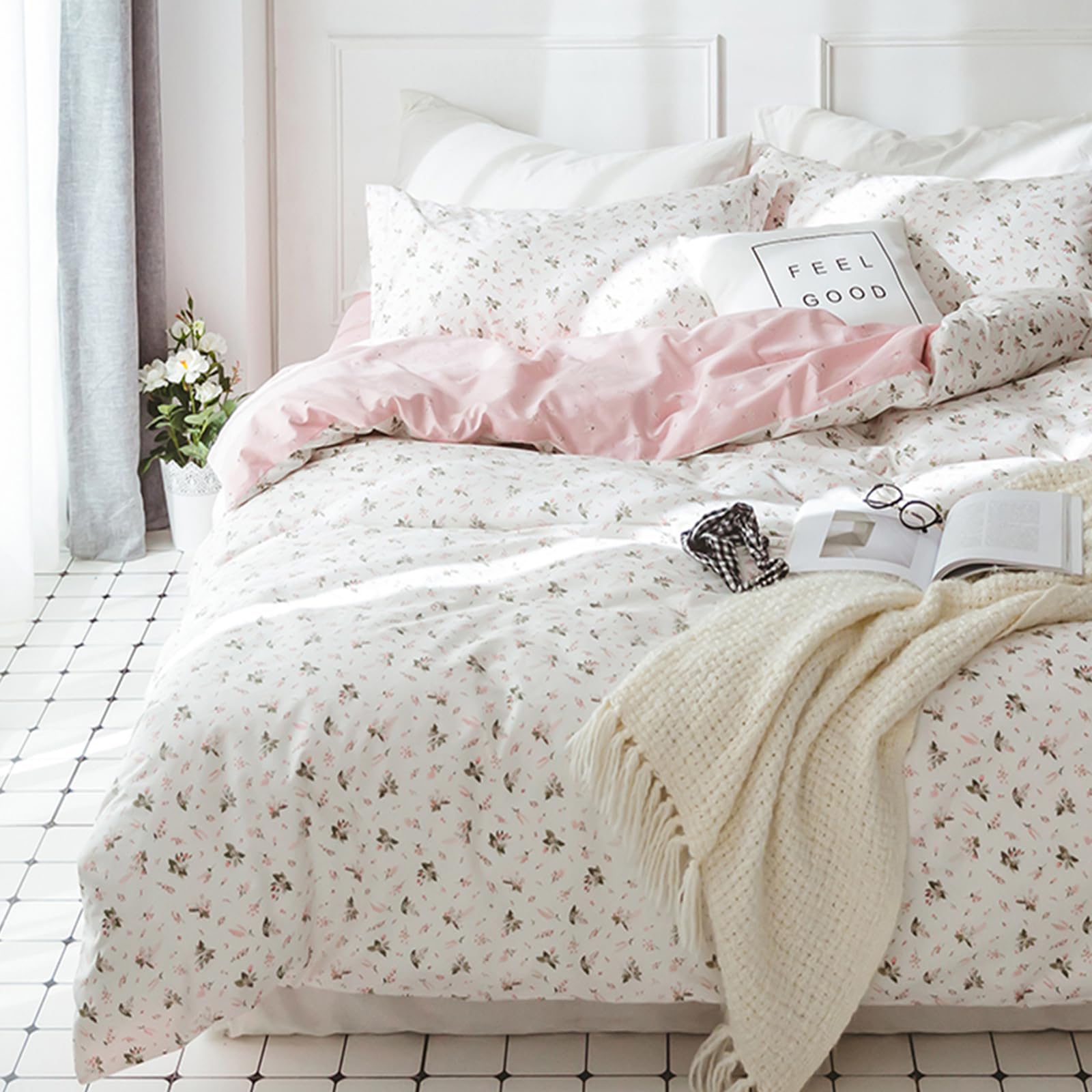 HighBuy Floral Girl Duvet Cover Twin White Pink Flower Coquette Bedding Set with Zipper Closure Soft Cotton Bedding Comforter Cover Aesthetic 3 Pieces for Kids Bedroom Collection 4 Corner Ties