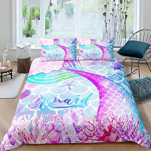 Manfei Mermaid Duvet Cover Set King Size Watercolor Fish Scale Bedding Set 3pcs for Kids Girls Bedroom Decor, Colorful Mermaid Tail Scales Comforter Cover Marine Life Quilt Cover with 2 Pillowcases