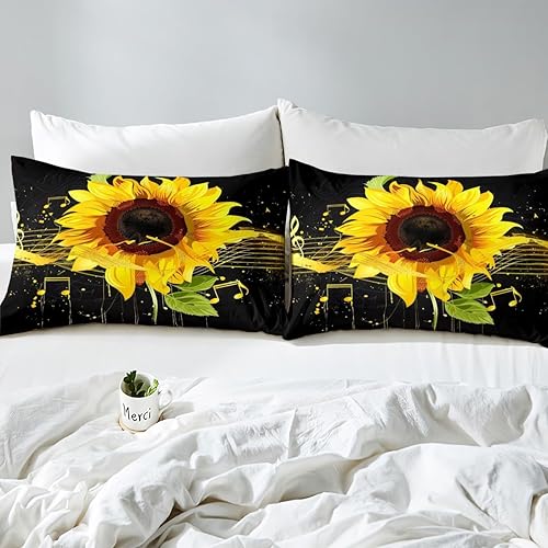 Miniatura 5 de Erosebridal Juego de ropa de cama de girasol tamaño King, funda de edredón floral de flores amarillas, funda de edredón para notas musicales para