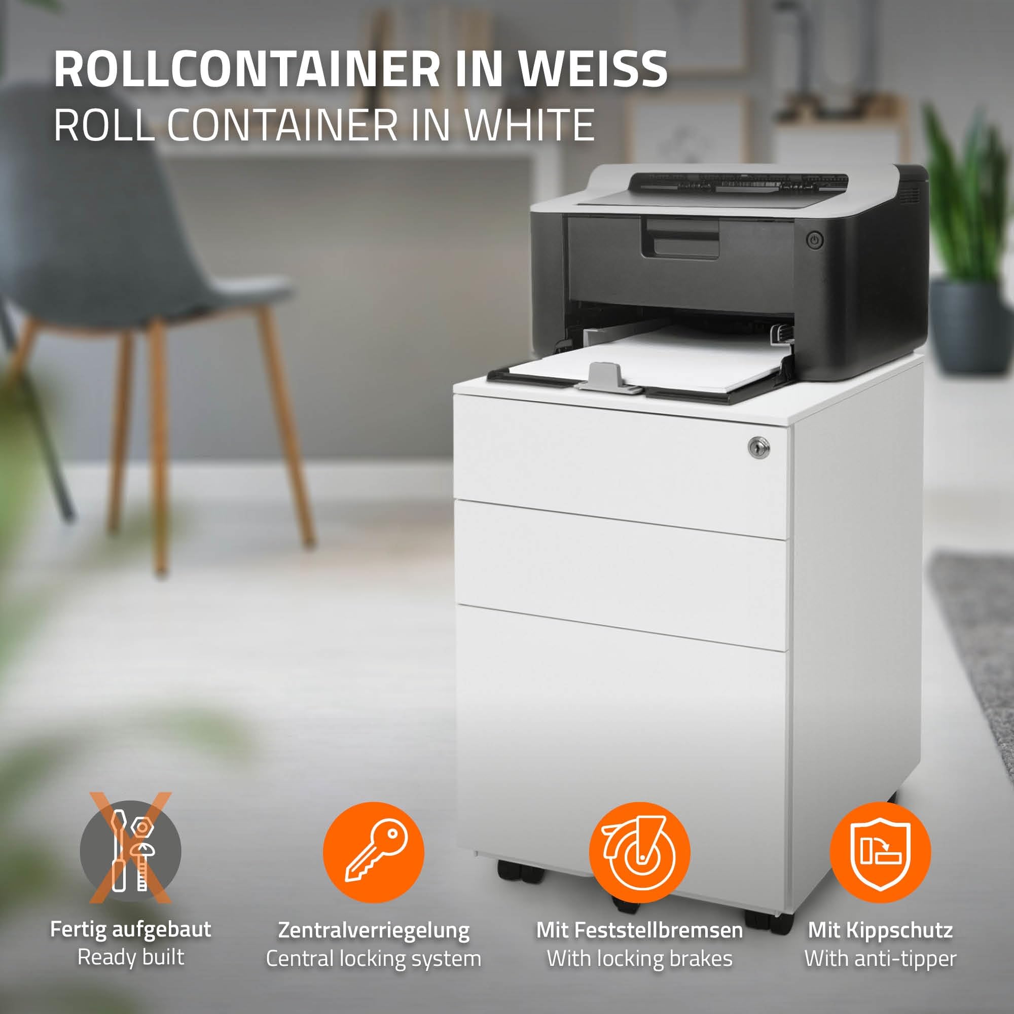 ML-Design Zestaw 2 metalowych kontenerów mobilnych z 3 szufladami, bialy 39x50x56 cm stalowy, mobilna szafka na akta, zamykana szafka biurowa, kontener biurowy z teczka wiszaca na akta i dokumenty