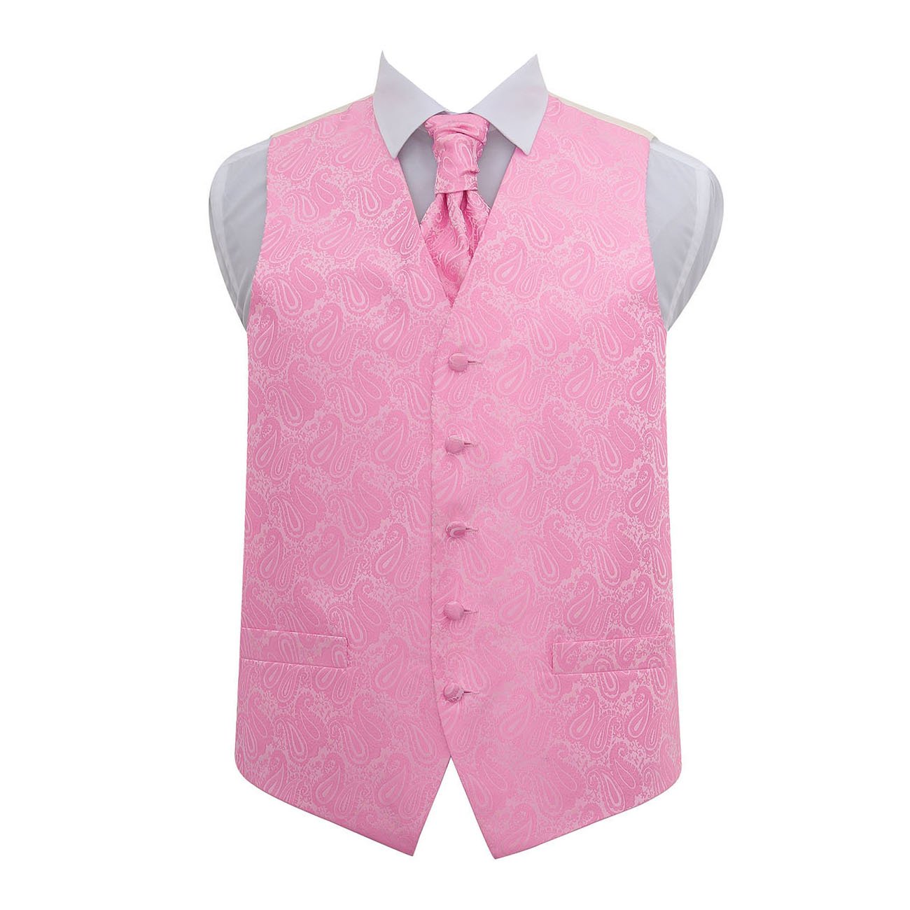 Dqt Men's Baby Pink Paisley Floral Waistcoat & Pre-Tied Scrunchie Cravat Set (2Pc) - Wedding, Business & Formal Suit Vest - 46" (3Xl)