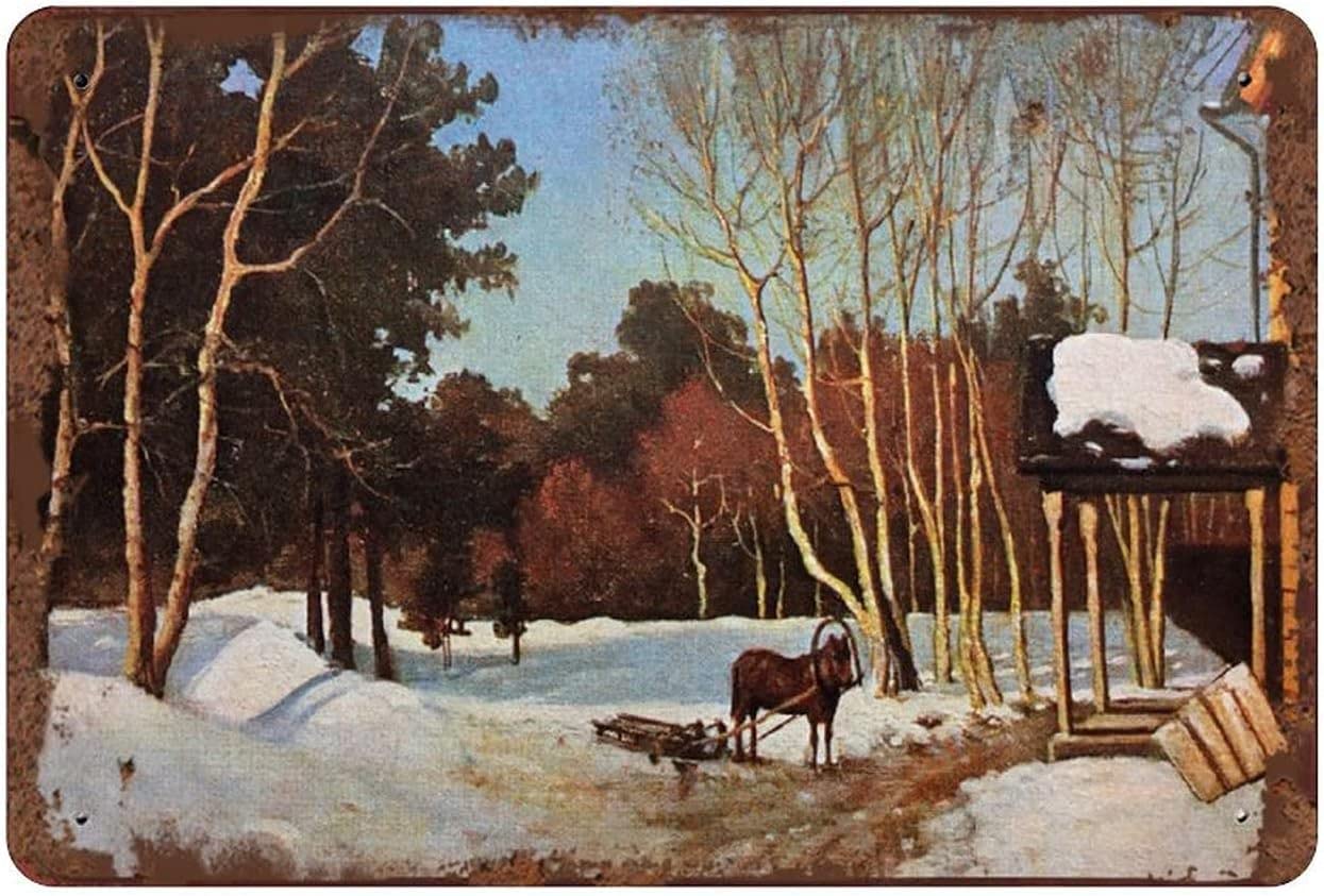 Bonoff Russias Spring Russian March Winter Snow Horse Sleigh Russian Rural Landscape Russland Retro Tin Sign Vintage Decor Poster Wall Art Decor Metal Sign Poster 8X12 Inches