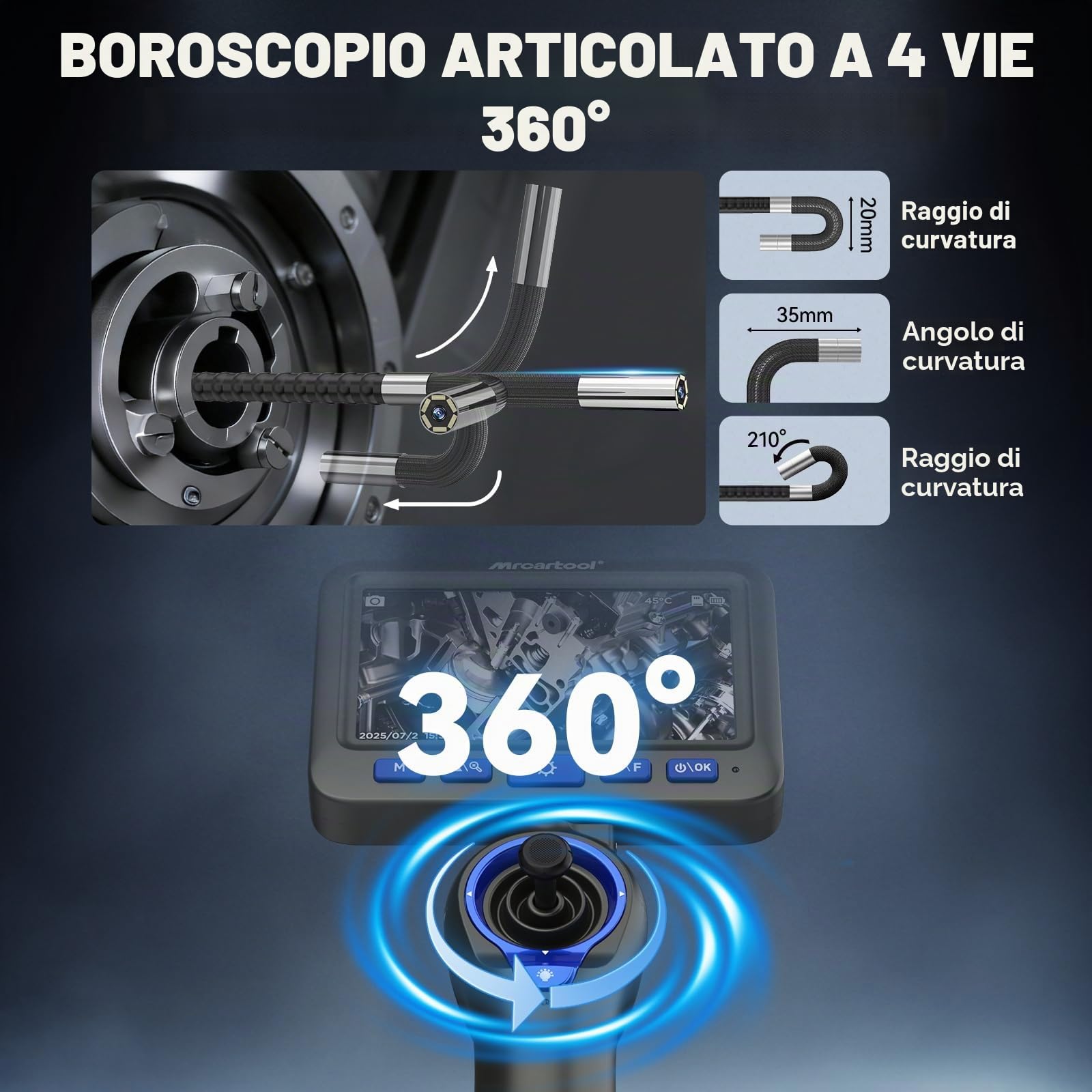 2-IN-1 Endoscopio articolato a 360° a 4 vie, schermo HD da 5 pollici, fotocamera di ispezione sottile da 6,2 mm con joystick staccabile e cavo semirigido da 1,2 m per meccanici HVAC automobilistici
