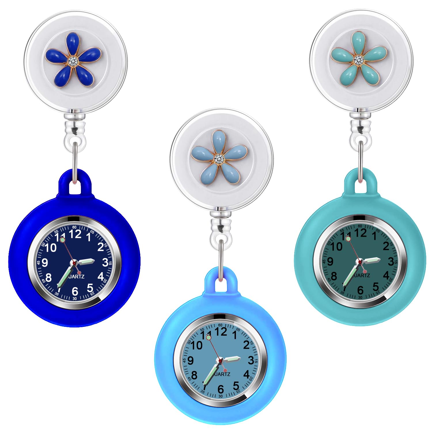 3Pack Retractable Nurse Watch for Nurses Doctors Cute Flowers Clip-on Hanging Lapel Nurse Watch with Second Hand,Silicone Cover Brooch Fob Pocket Watch Badge Reel (Light Blue?Grass Green?Dark Blue)