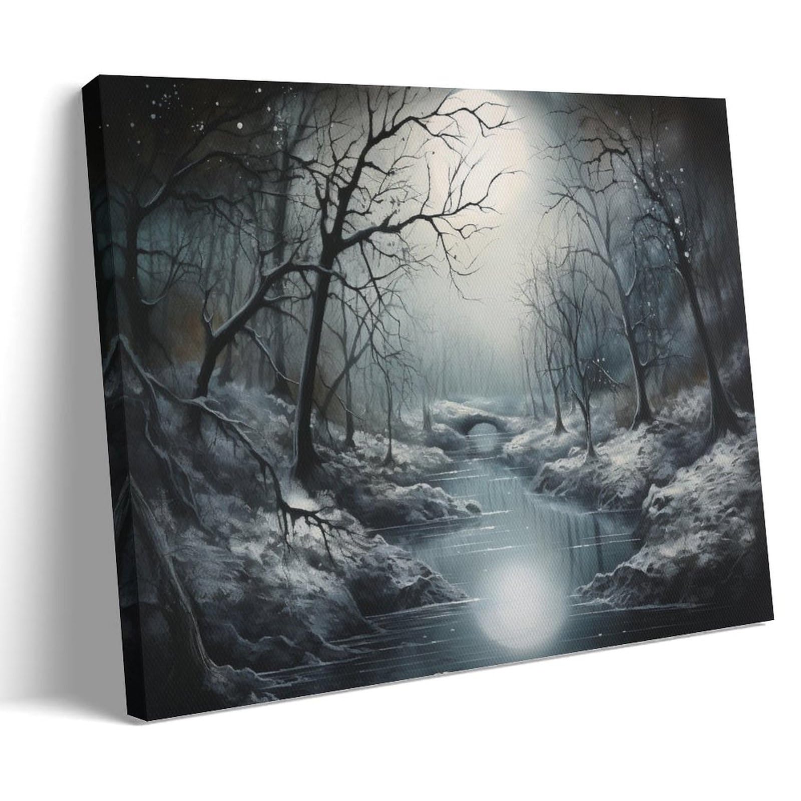 GMUKIFFY Winter Tree Painting on Canvas Wall Art Moon Snow Forest River Nature Abstract Stretched And Framed Canvas Prints Artwork for Home Decorations Ready to Hang Wall Decor 08x12inch(20x30cm)