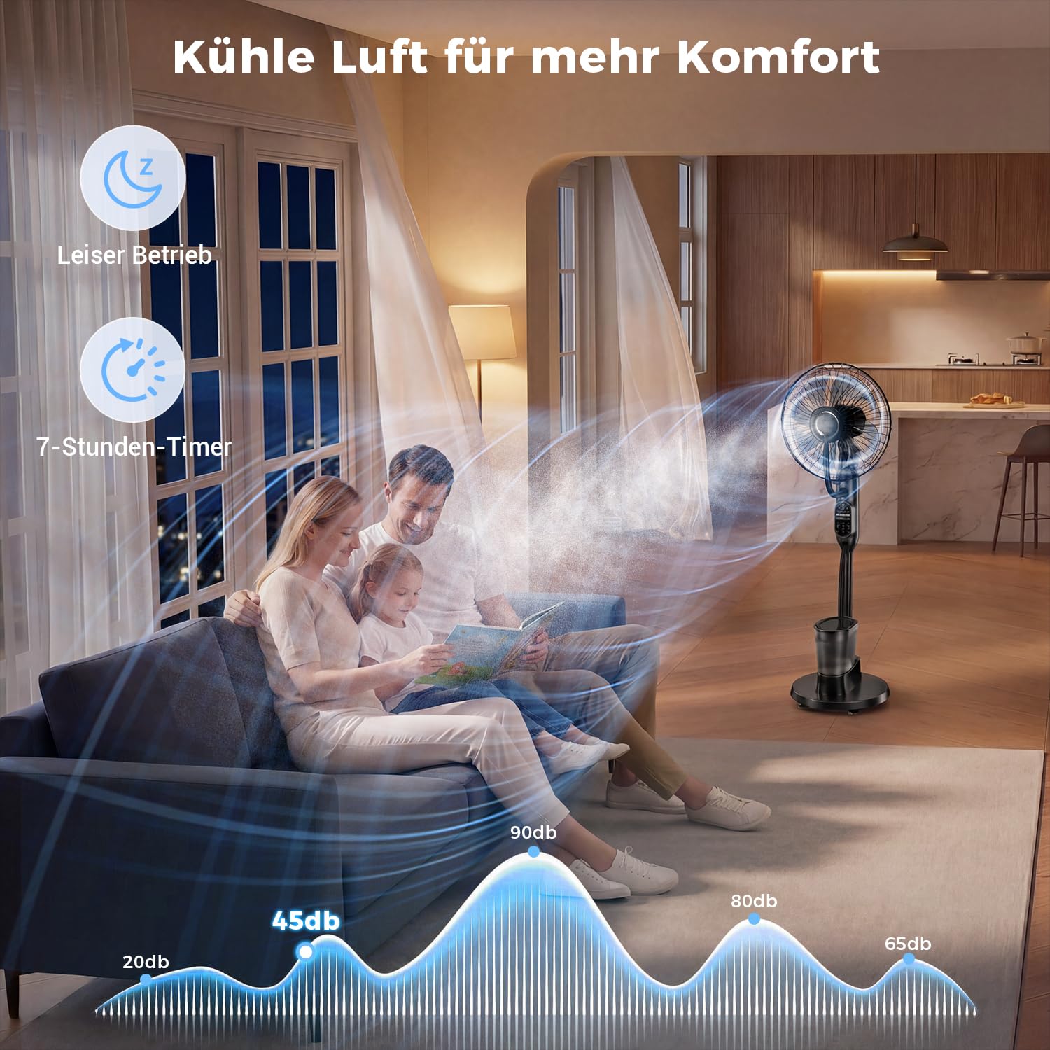 NebulaFlow Standventilator mit Wassersprüher, 3-in-1-Kühlung & Befeuchtung, Oszillierender Bodenventilator, 9 Geschwindigkeiten, 3 Modi, Fernbedienung, Leiser Schlafzimmerventilator, 1 Stück