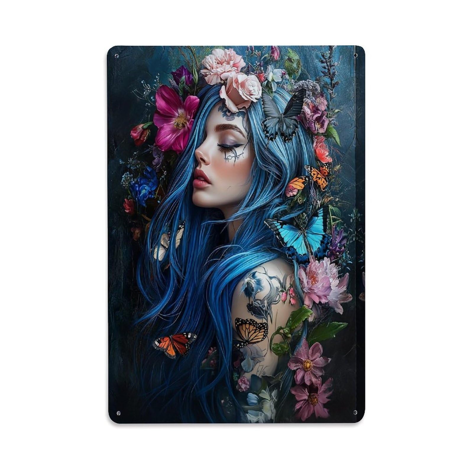 Jdfenggu Vintage Floral Butterfly Tattoo Art Portrait Retro Metal Tin Sign, Decor Art Poster For Bar, Home, Man Cave, Kitchen, Laundry Room Gift 8X12inch