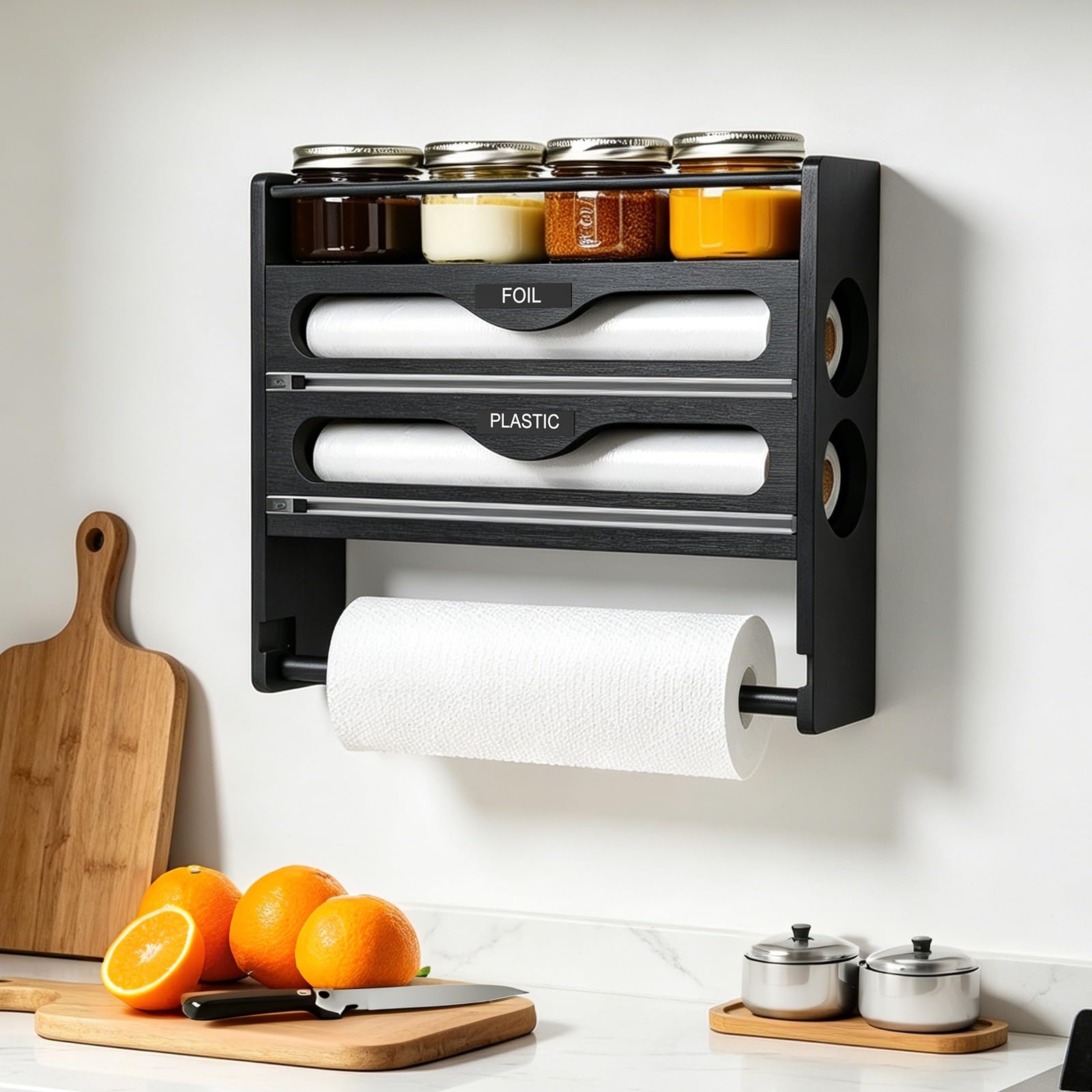 Portarrollos de cocina de madera 4 en 1 con dispensador de láminas y cortador, montaje en pared, soporte extraíble para rollo de cocina, papel de aluminio, film transparente, estante integrado