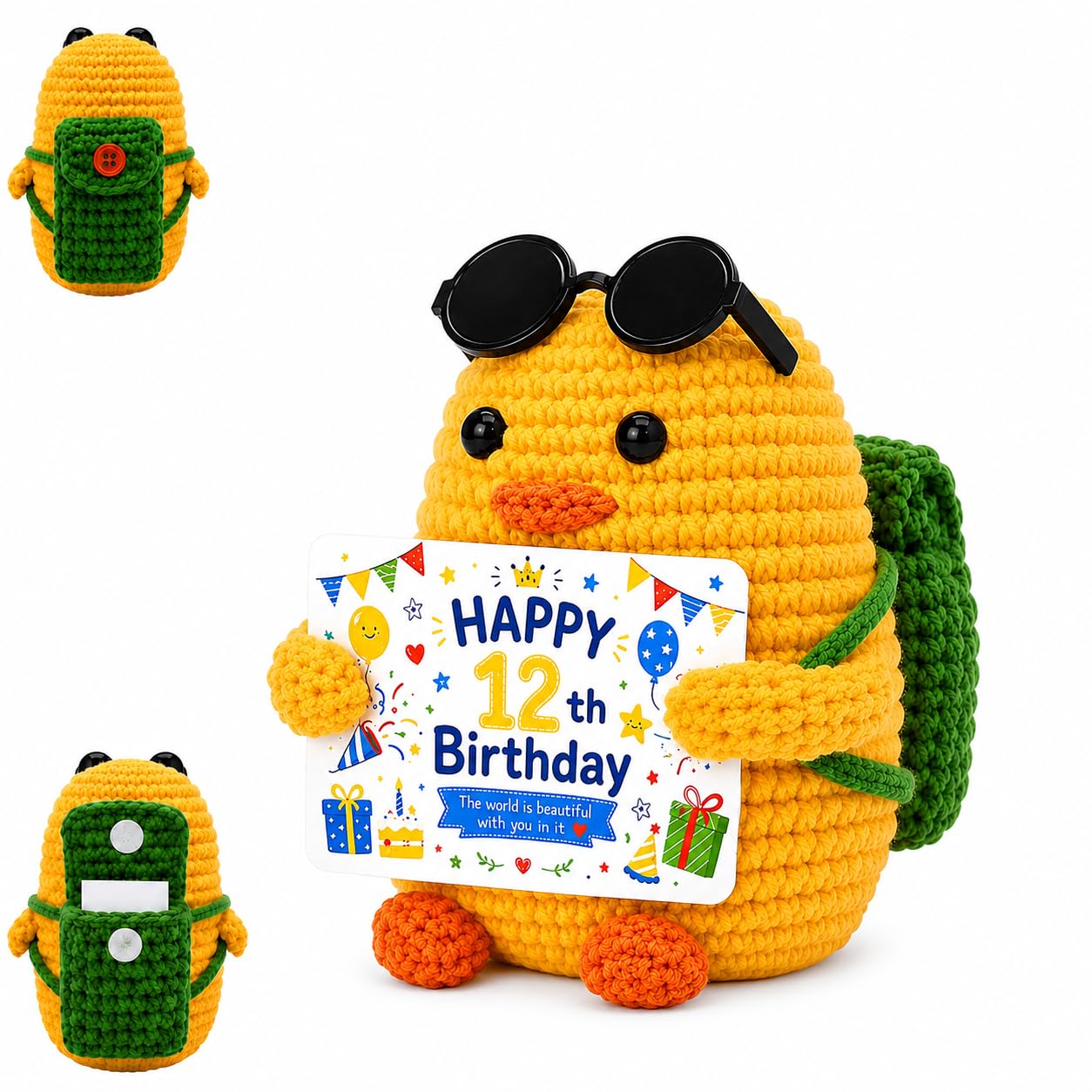 VORTAZEN 12th Birthday Gifts for Girls Boys Handmade Crochet Duck with Sunglasses and Mini Backpack Cute Personalised Message Gift for Teen Girls Boys