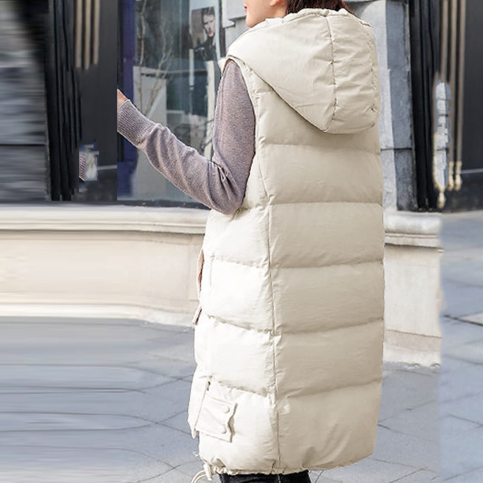 Chaqueta de longitud media para mujer, chaleco de plumón con capucha, chaleco largo sin mangas, chaleco acolchado largo, ligero, chaqueta de invierno para exteriores