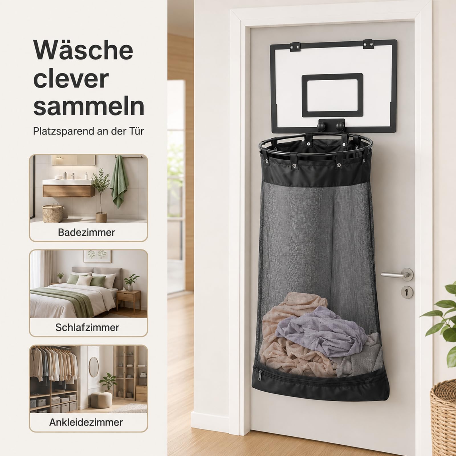 Basketball WäSchekorb, 2 in 1 Basketball Hoop Laundry Basket for Hanging on The Door with Wooden Back Panel Korb Netz, HäNgender WäSchekorb für Badezimmer und Schlafzimmer (A)