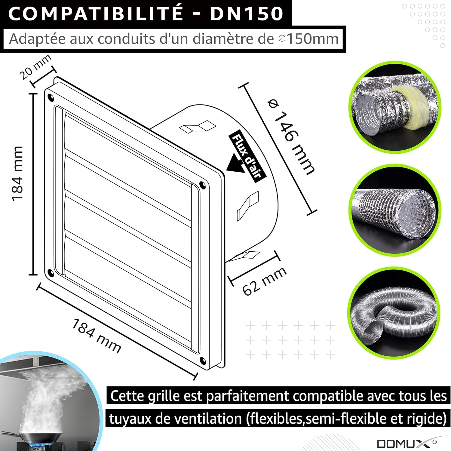 Grille Aération Ventilation 2-en-1 Inox 304 Ø150 mm - 4 Lames Mobiles Clapet Anti-Retour Automatique + Stop Odeurs & Air Froid - Hotte VMC Sèche-Linge - 185x185 mm DN150 - Garantie 5 Ans