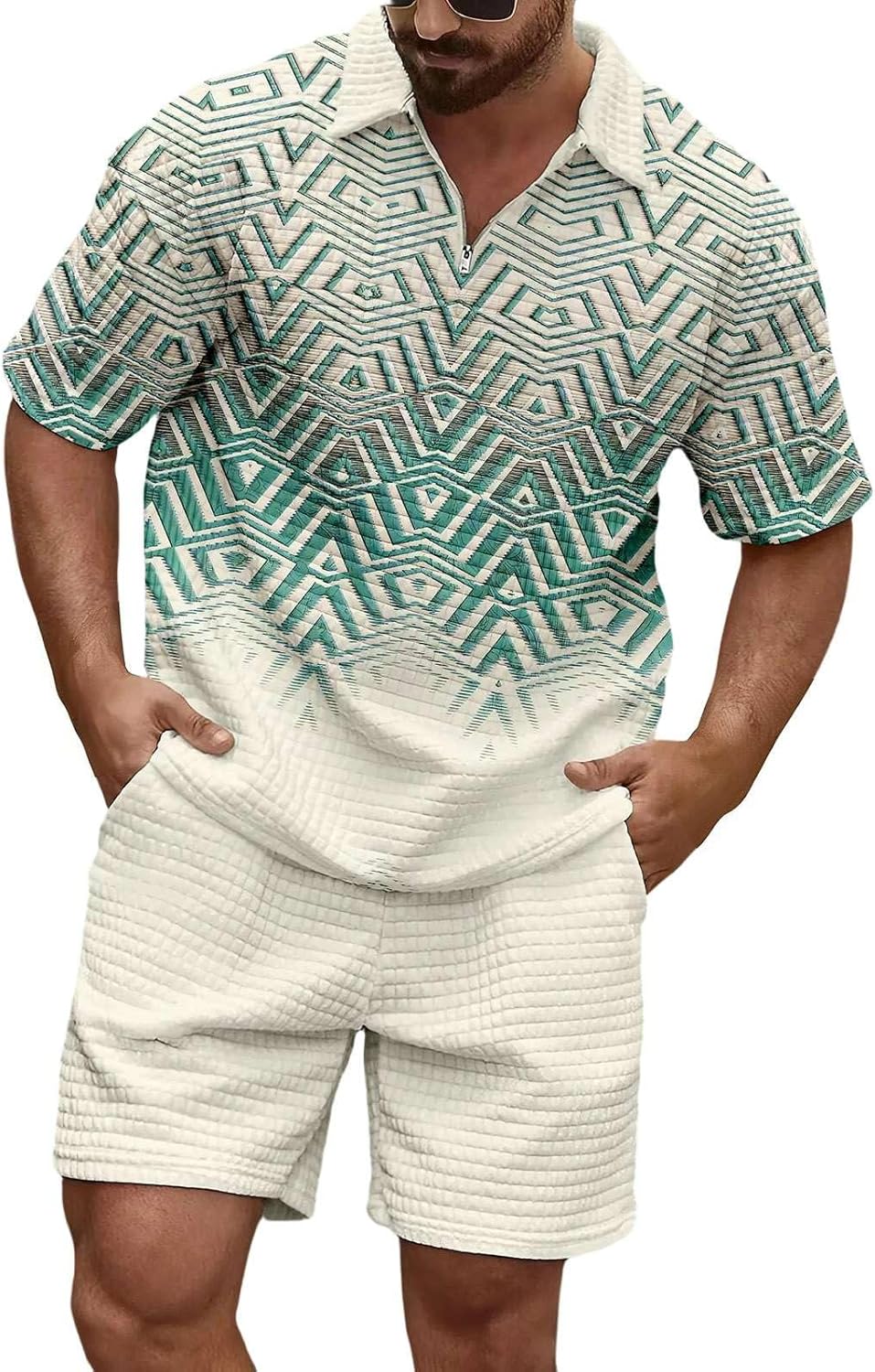 Men's 2 Piece Waffle Knit Outfits Summer Set Beach Short Sleeve Shirts and Shorts Vacation Texture Casual Sets for Men