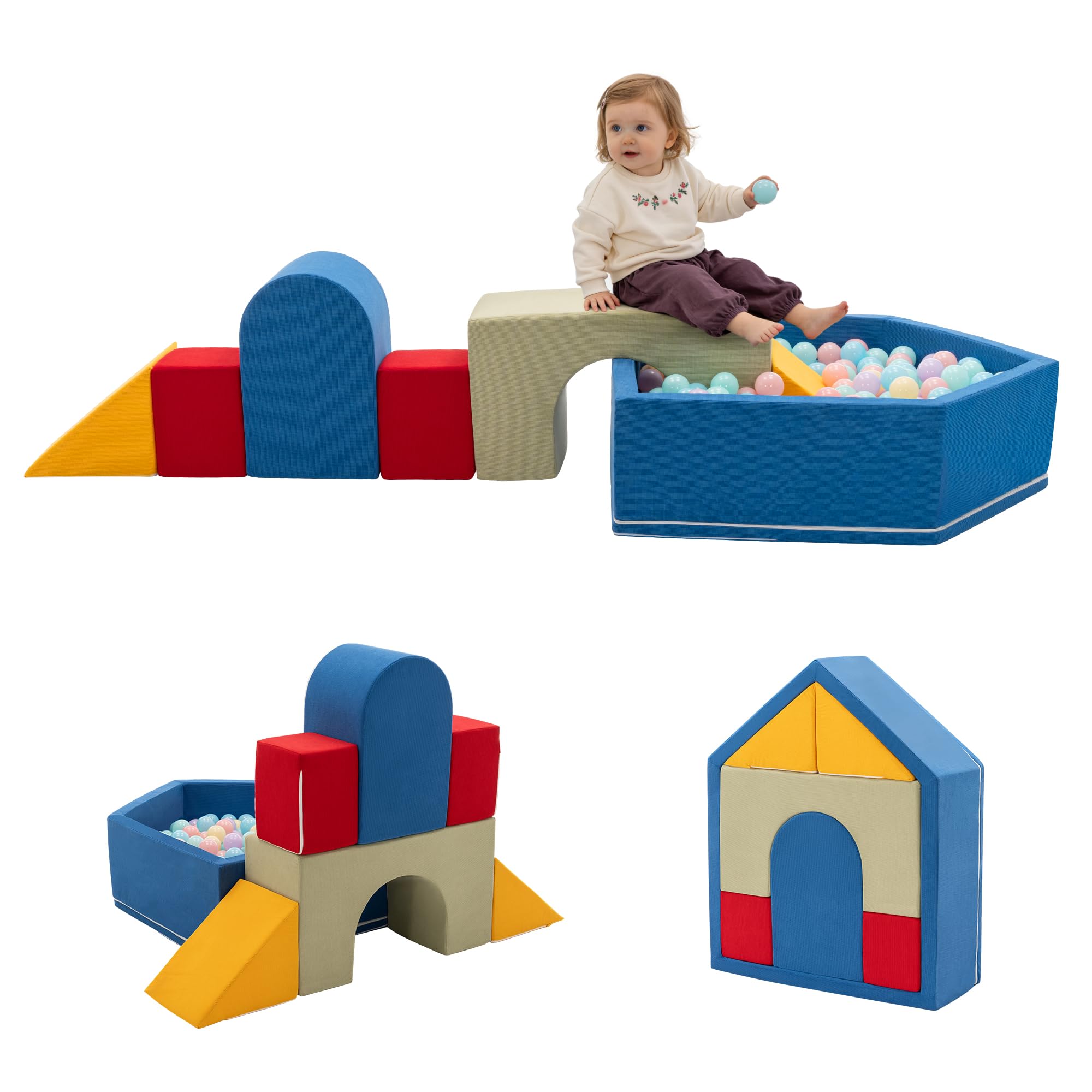 Zedachica 8PCS Softbausteine Baby mit Hausförmigem Bällebad, Schaumstoff Bausteine Kinder für Indoor Klettern, Soft Play Set und Kletterspielzeug für Kleinkinder 1–3 Jahre, Blau (Ohne Bälle)