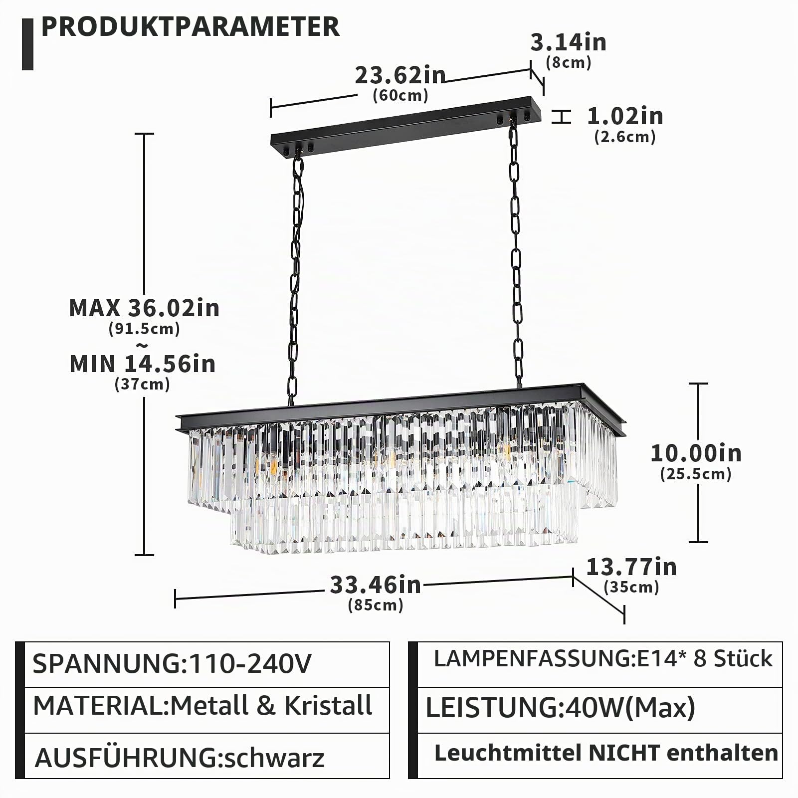 Moderner schwarzer ovaler Kristall-Kronleuchter, E14×8 Lampen, rechteckige große Kristall-Pendelleuchte für Schlafzimmer, Esszimmer,Eingangsbereich, L80cm