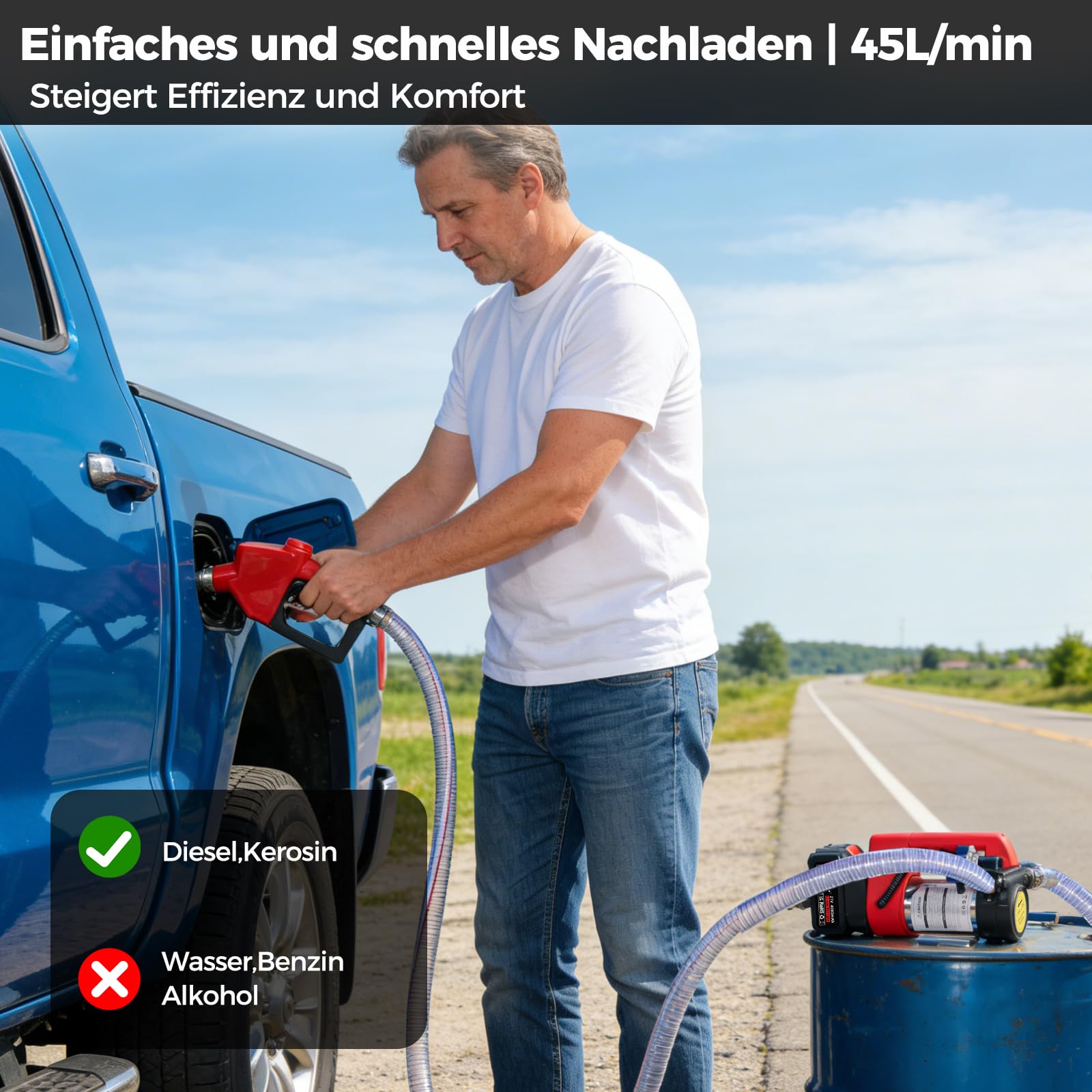 Bostar Akku Dieselpumpe 21V 4.0Ah (Kompatibel mit Makita 18V), 45L/min Heizölpumpe Selbstansaugend (5m) & Förderhöhe 10m, Set mit Automatik-Zapfpistole & 5 Ersatzflügeln, für Traktor & Heizung