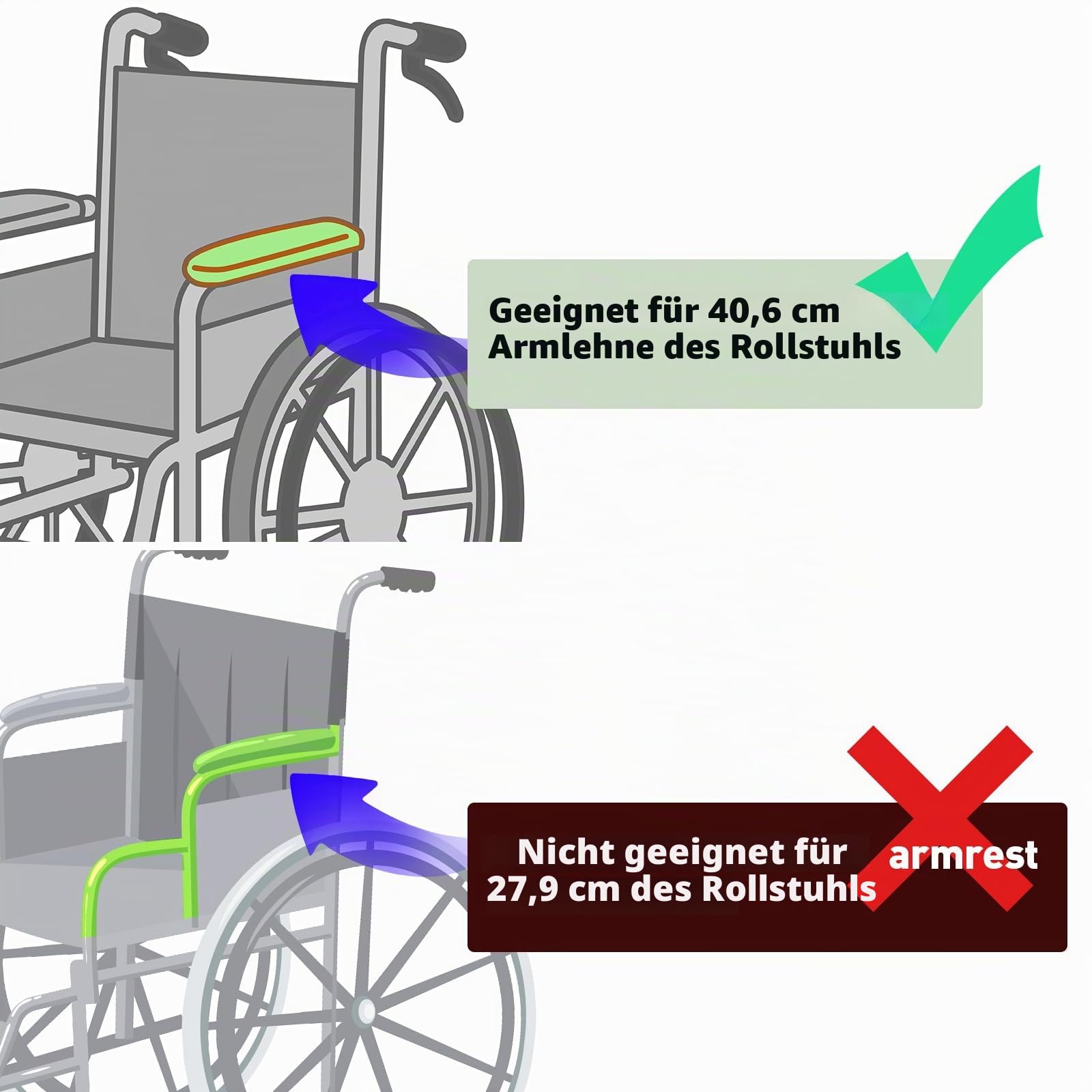 Rollstuhlkissen & Armlehnenbezüge, weich und rutschfest, zur Druckentlastung für Steißbein und Rücken, passend für Rollstühle mit 16 Zoll Langen Armlehnen, Blau
