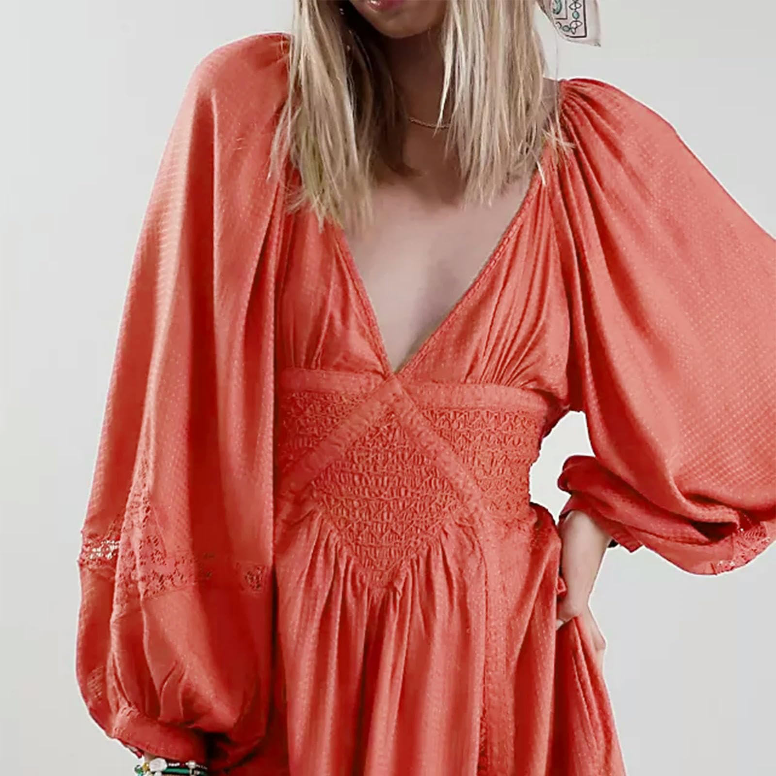 Abito Lungo in Pizzo da Donna, Elegante e di Alta qualità, con ma Lunghe a Sbuffo, Abito da Festa, Vita Regolabile sul Retro, Scollo a V, Abito Ampio e Ampio-Rosso Anguria-L