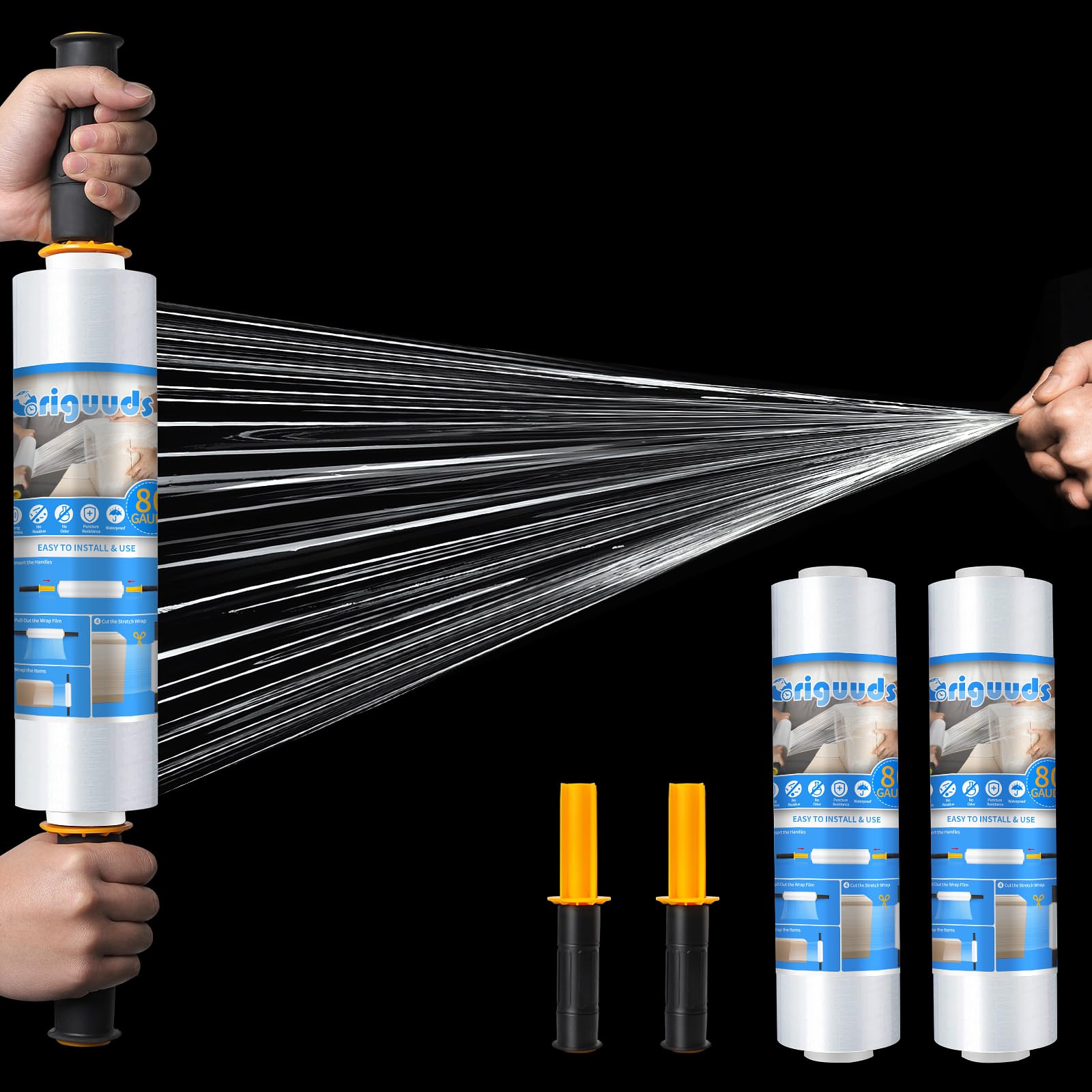 Origuuds Stretch Film, 80 Gauge Stretch Wrap with Handles, Industrial Strength Plastic Wrap for Moving, Pallet Wrap, Packing, Furniture Wrapping, Luggage (Clear/15 Inch x 1000 Feet, 2 Roll)
