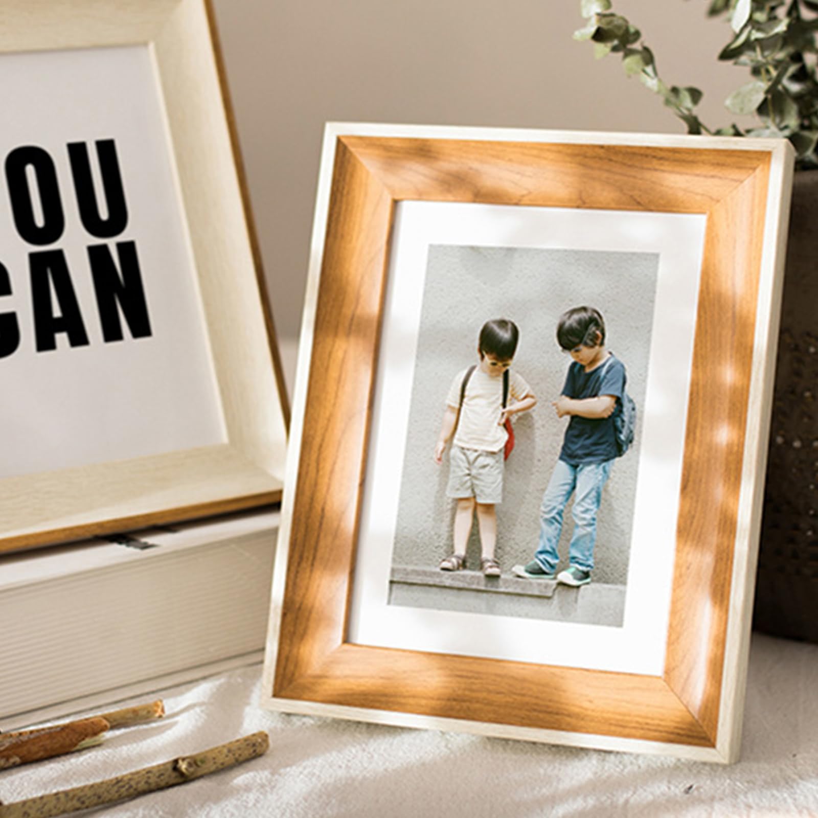 Wooden Picture Frames 4x6 Photo Frame Use as Thin Border 4x6 Photo Frame with Mount Horizontal and Vertical Formats for Tabletop (White + Walnut,6") - Image 2