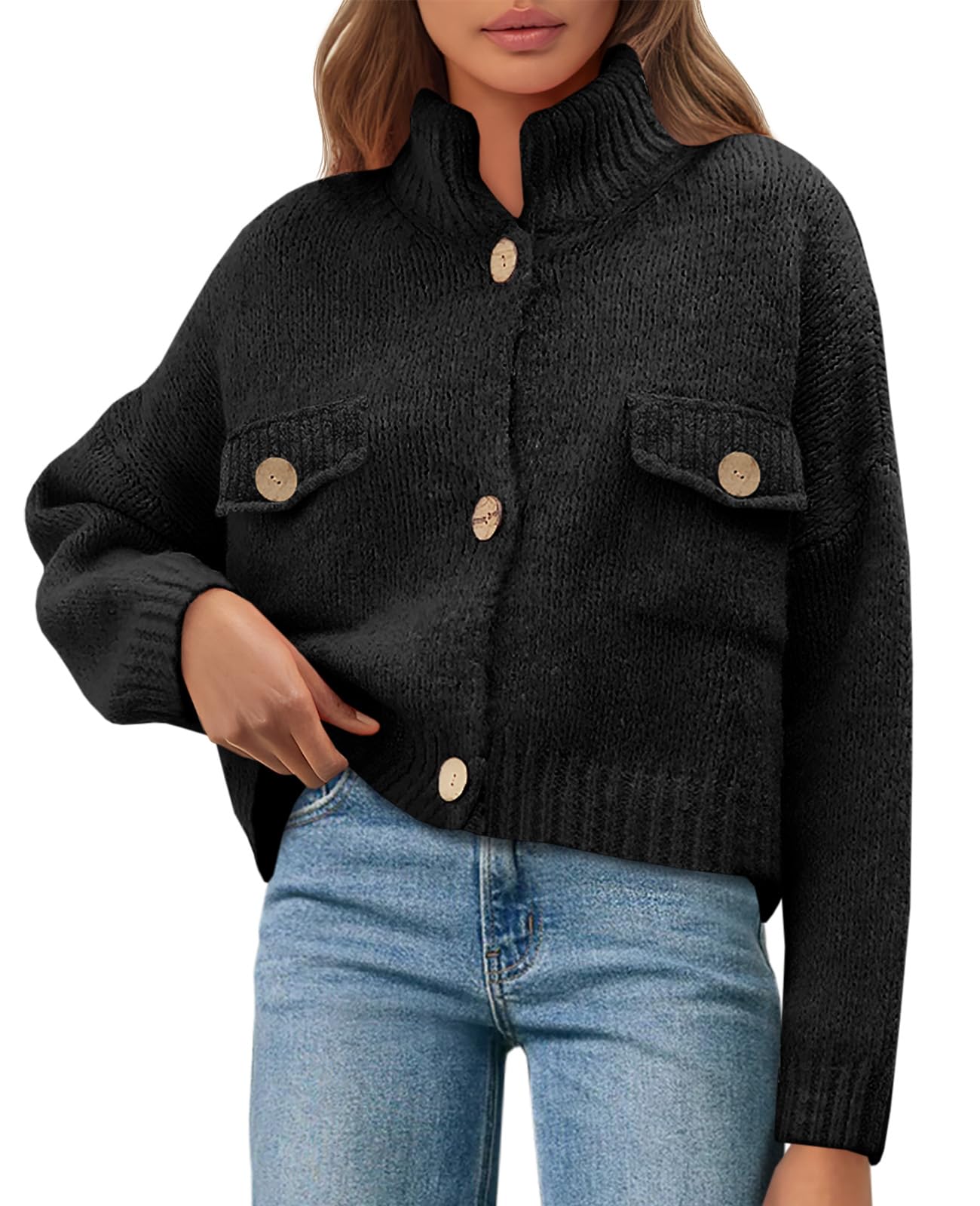 Saodimallsu Womens Cropped Cardigan Sweaters Button Up Chunky Knit Long Sleeve Collared Open Front Loose Jackets