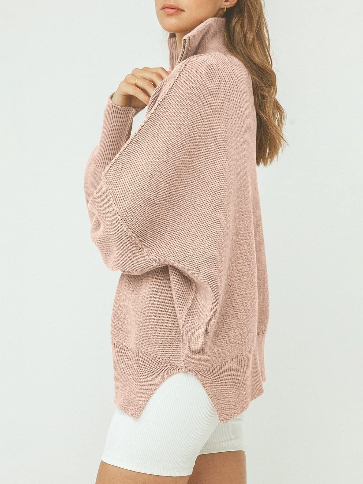 Suéter de Las Mujeres Slouchy Sudadera de Manga Larga suéter con Dobladillo Dividido y 1/4 de Cremallera de Cuello de caída del Hombro (Pink x)